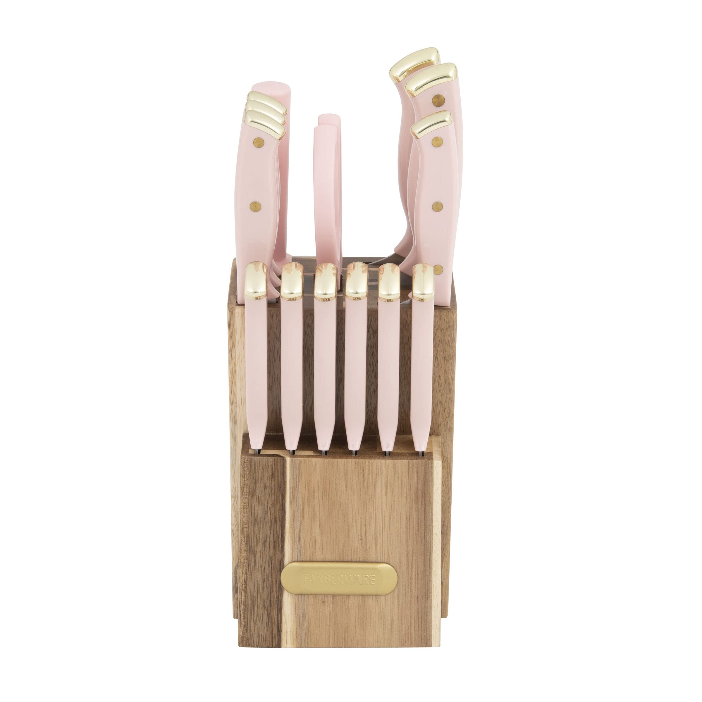 Farberware 15-Piece Triple Riveted Acacia Wood Knife Block Set - High Carbon Stainless Steel Kitchen Knives with Ergonomic Handles - Razor Sharp Knife Set in Pink and Gold - Perfect for Home Cooking, Professional Chefs & Gift Giving