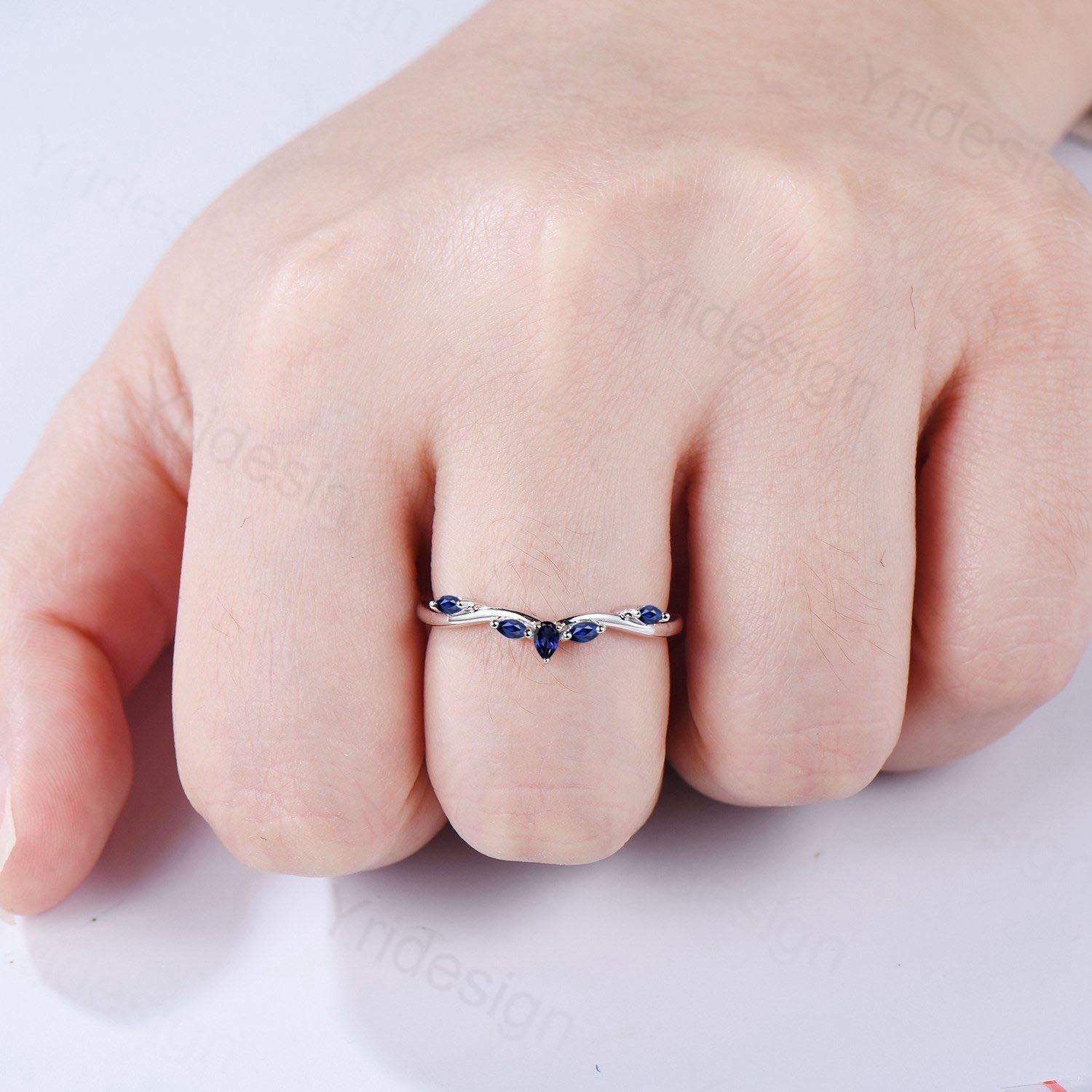 Pear & Marquise Cut Blue Sapphire Wedding Band - Stackable Curved Ring, Dainty Bridal Promise Ring for Women | Perfect for Stacking, Engagement, Anniversary & Everyday Wear