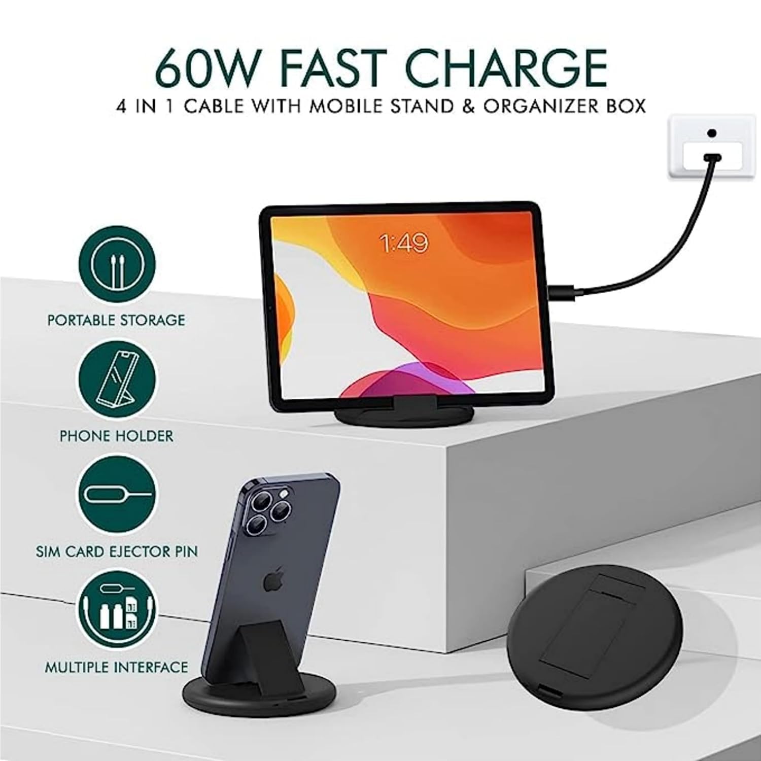 INEFABLE 60W Fast Charging USB Data Cable Set - Type C, Lightning, Micro USB - Travel-Friendly with Built-in Mobile Stand - Compatible with iPhone, iPad & Android Phones (1-Pack) - Perfect for Home, Office & Travel Charging