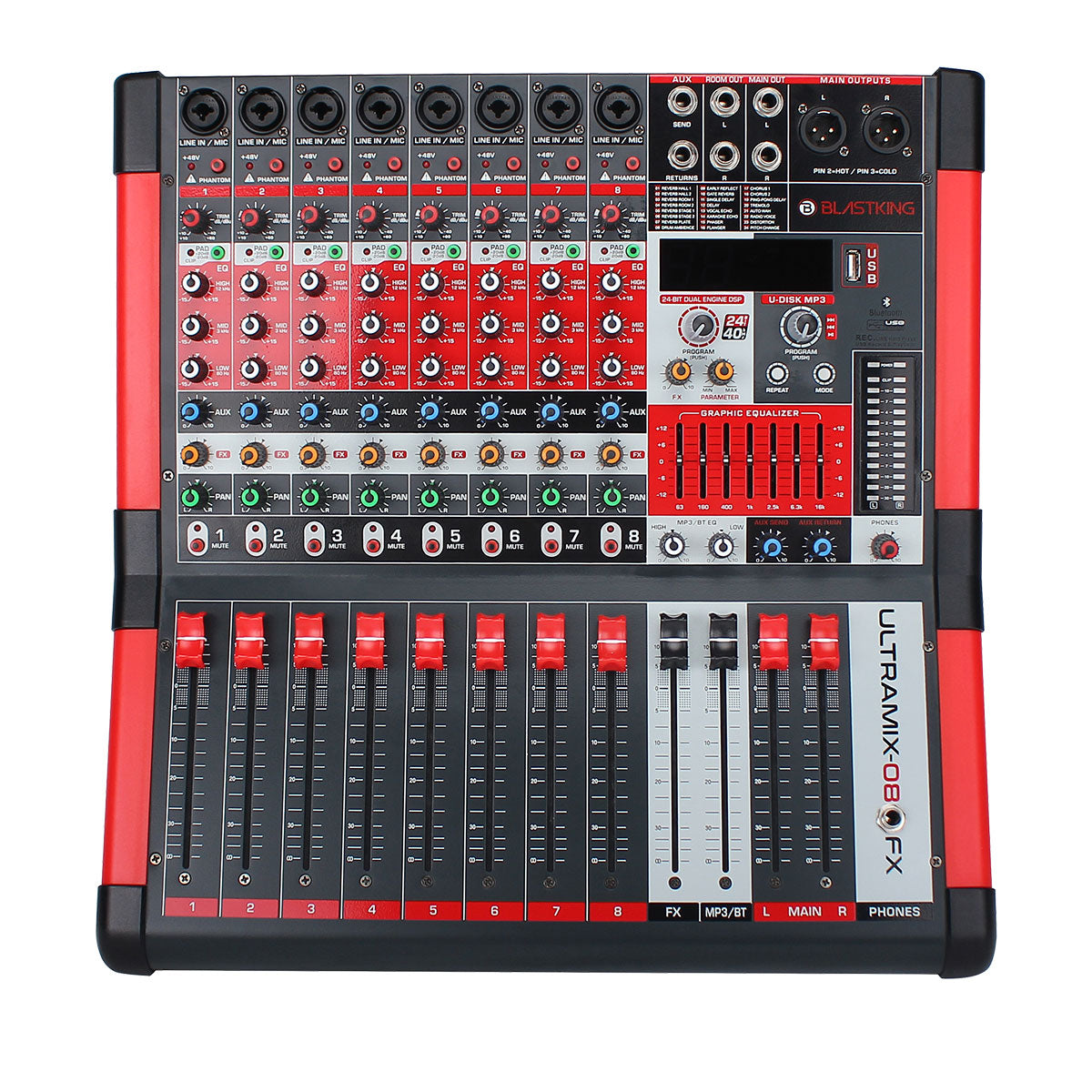 Blastking ULTRAMIX 8FX 8 Channel Professional Analog Stereo DJ Mixer - Perfect for Live Performances, Studio Recording & Podcasting