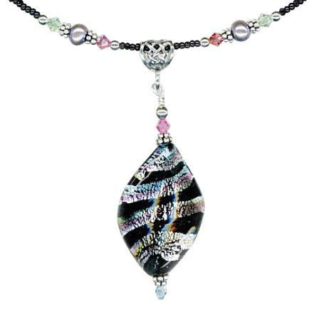 Black Venetian Twist Murano Glass Lampwork Beaded Necklace - Elegant Handmade Jewelry for Women, Perfect for Evening Parties & Special Occasions