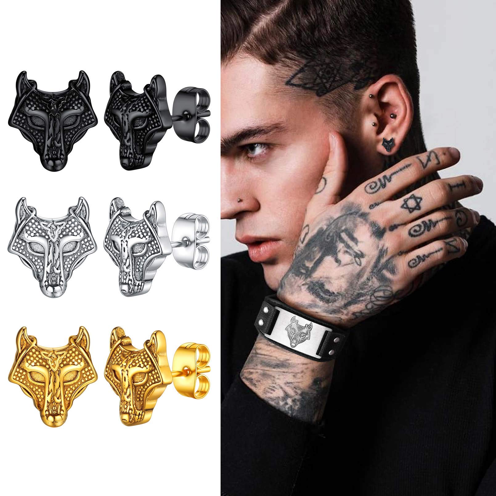 FaithHeart Viking Animal Huggie Hoop Earrings for Men - Gothic Dragon, Snake, Dinosaur & Wolf Stainless Steel Stud Earrings | Hypoallergenic, Lightweight Punk Rock Jewelry Gift for Everyday Wear & Gothic Fashion