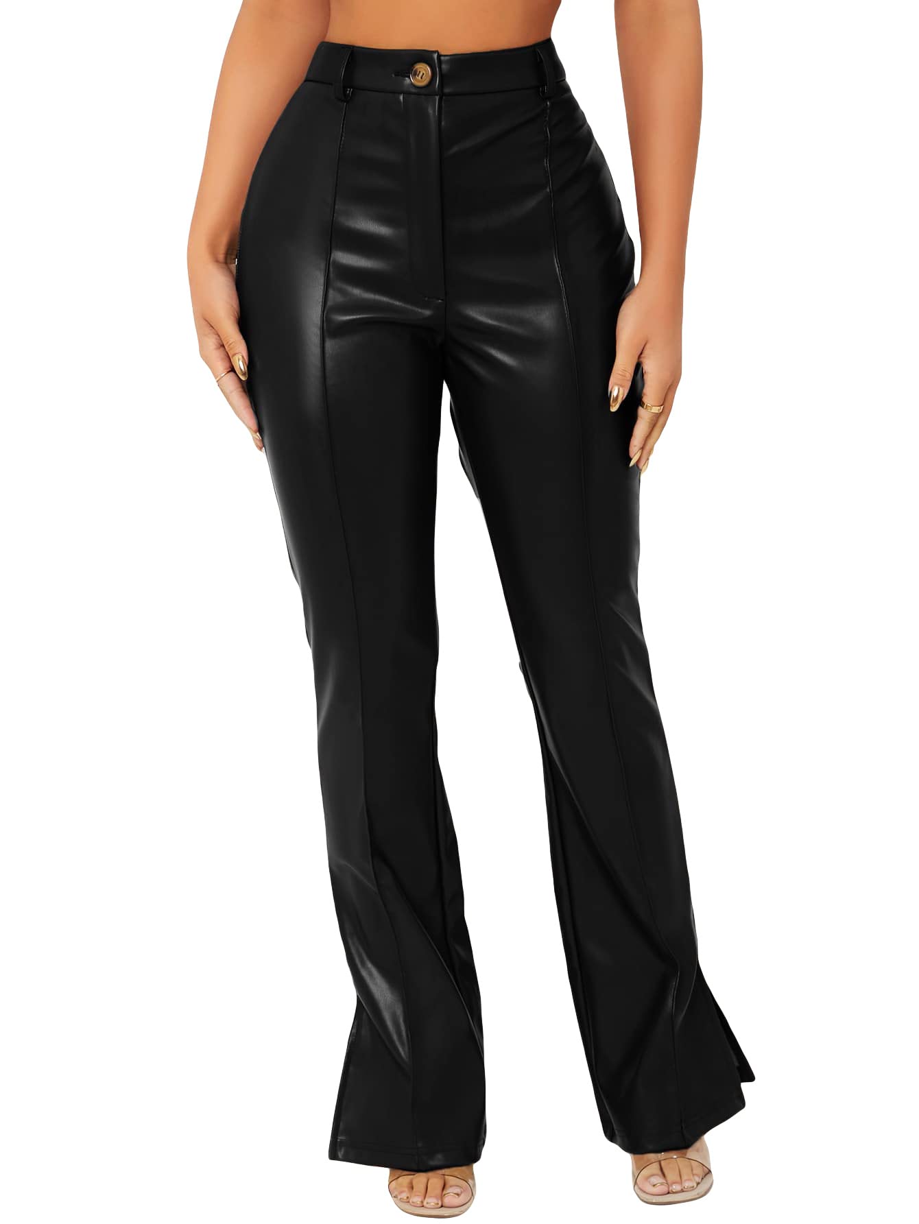 MakeMeChic Women's Faux Leather Pants - Straight Wide Leg High Waisted Stretch Vegan Leather Trousers for Work, Party & Night Out | Plus Size Available