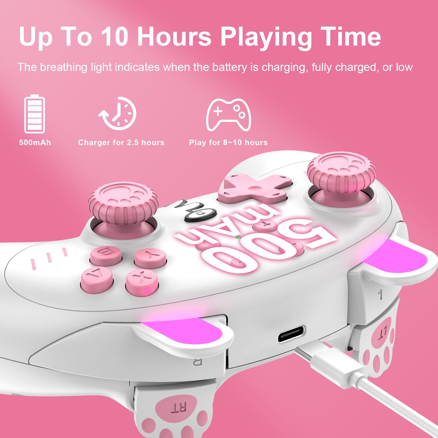 KINGEAR Wireless Switch Pro Controller for Nintendo Switch OLED, Switch Lite & PC - Turbo Function, 6-Axis Gyro, Vibration & Cute Pink Rabbit Design - Perfect for Gaming, Streaming & Multiplayer Sessions