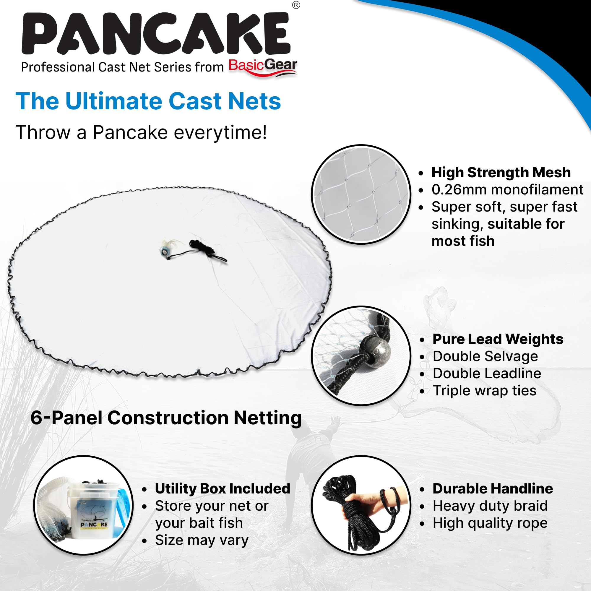 Professional Pancake Cast Net for Fishing - Heavy Duty 1.0+ lb/ft Weights, 4ft to 12ft Radius, Multiple Mesh Sizes, Freshwater & Saltwater Use - Ideal for Shore Fishing, Boat Fishing, and Bait Collection