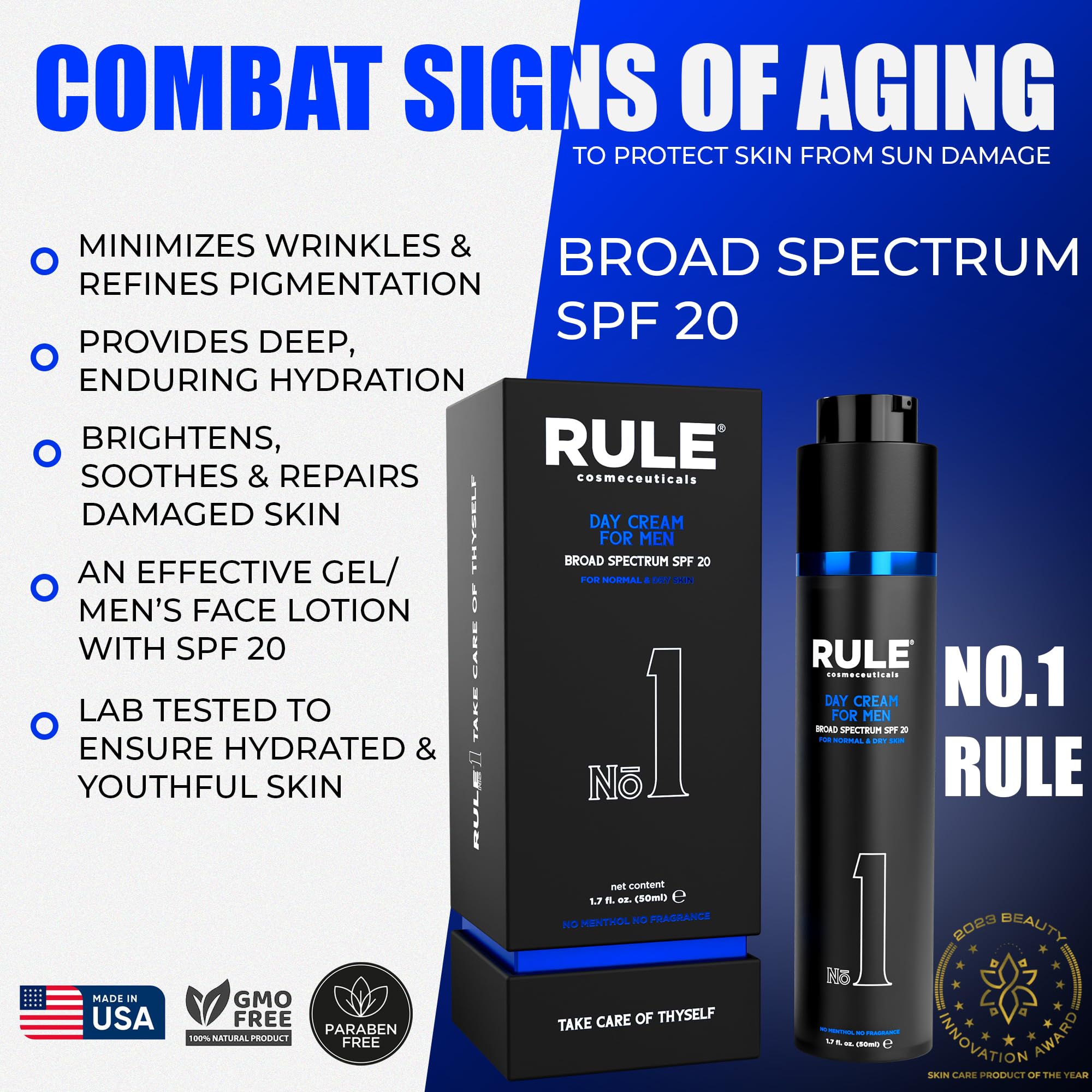 Best Men's Day Cream with SPF 20 - 10-in-1 Face Moisturizer for Combination Skin | Fragrance-Free & Menthol-Free Hydrating Cream (50mL) | Perfect for Daily Skincare Routine & Outdoor Protection