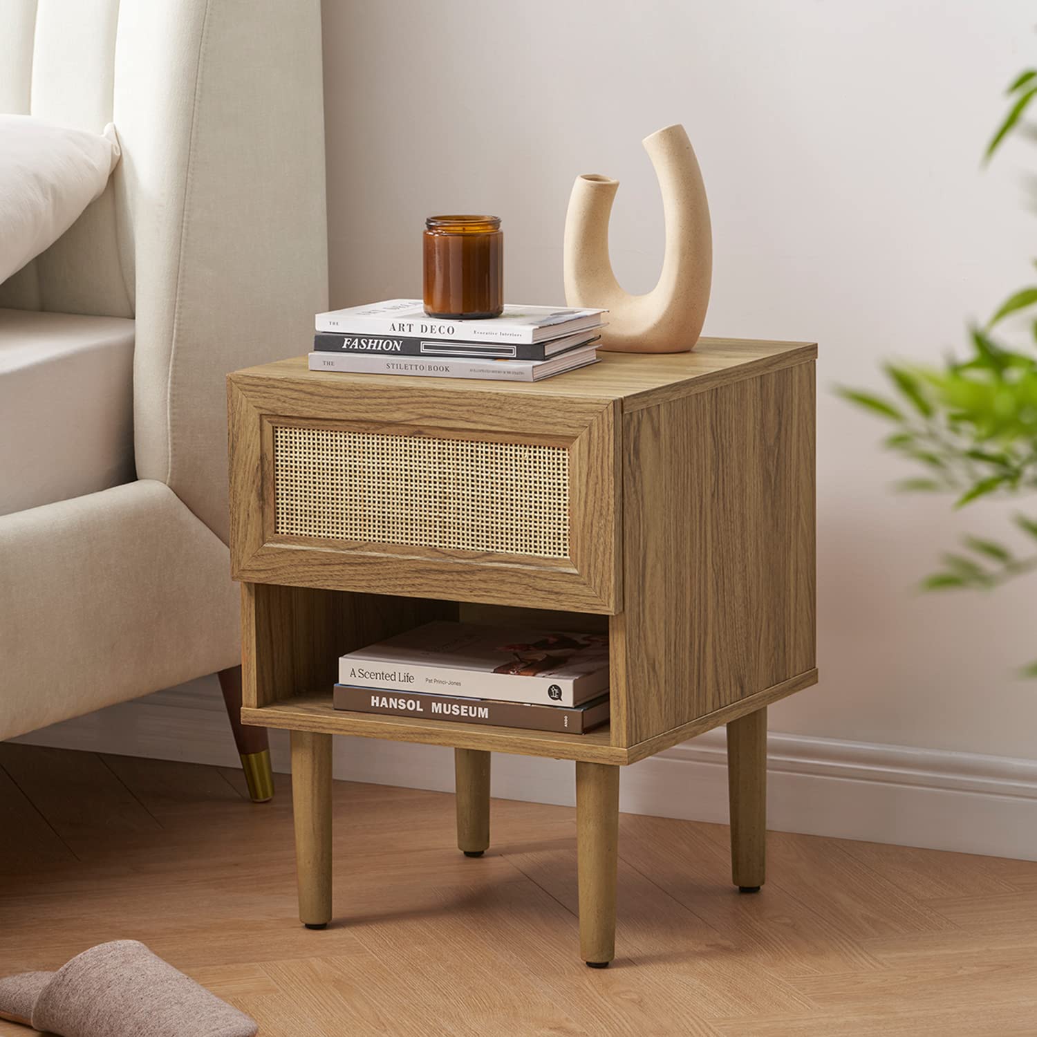 Haylee Night Stand - Modern Boho Farmhouse Bedside Table with Storage Drawers, Small End Table for Living Room & Bedroom - Solid Oak Wood Nightstand (Perfect for Reading Nook, Guest Room or Apartment Decor)