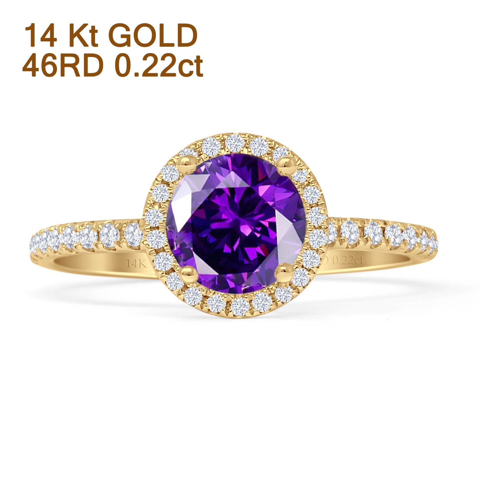 14K Yellow Gold Round Halo Natural Amethyst Diamond Ring for Women - Elegant Engagement, Wedding, Anniversary Jewelry Gift