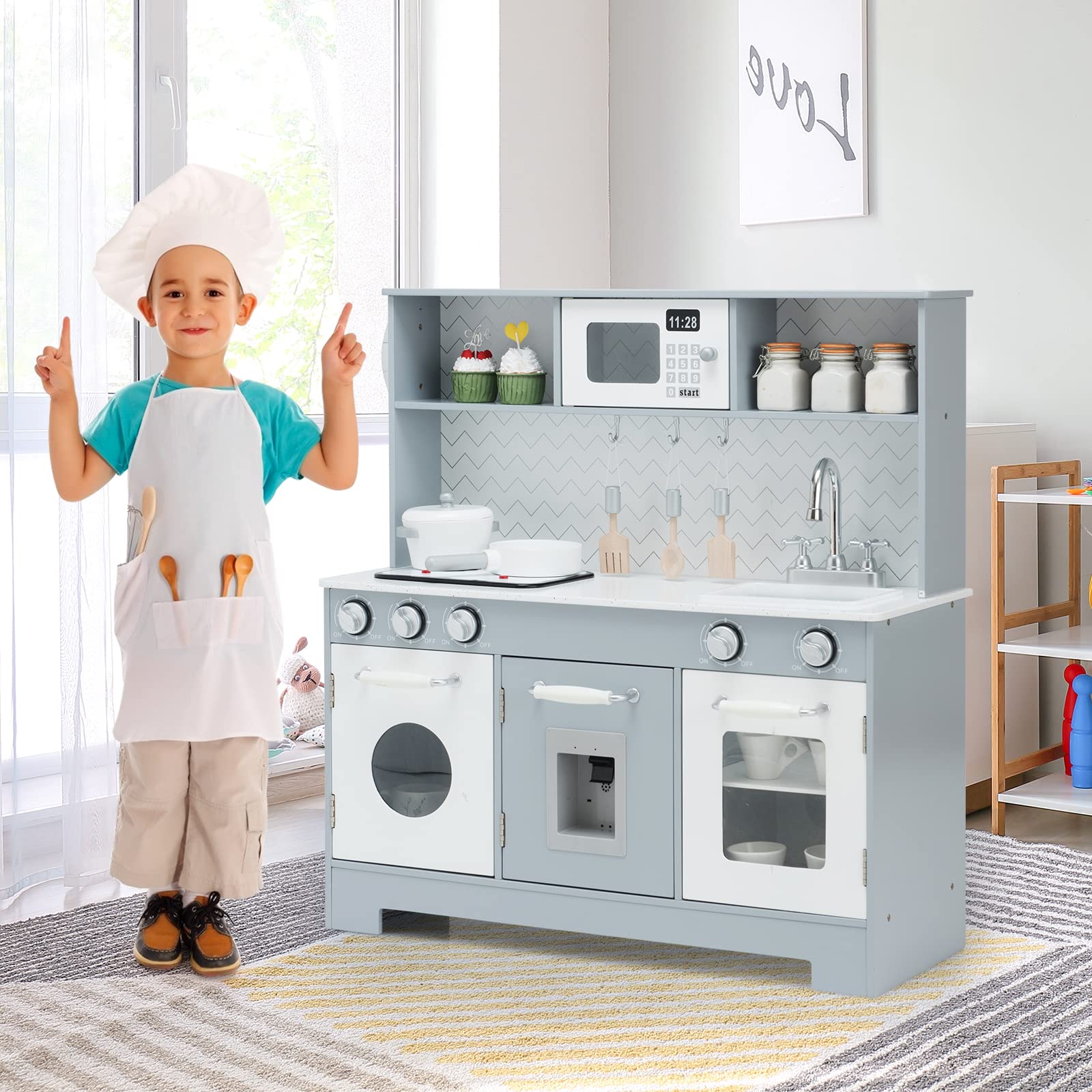 Wooden Kids Kitchen Playset with Sink & Stove - Pretend Play Toy for Toddlers 3+ | Perfect Gift for Boys & Girls | Gray