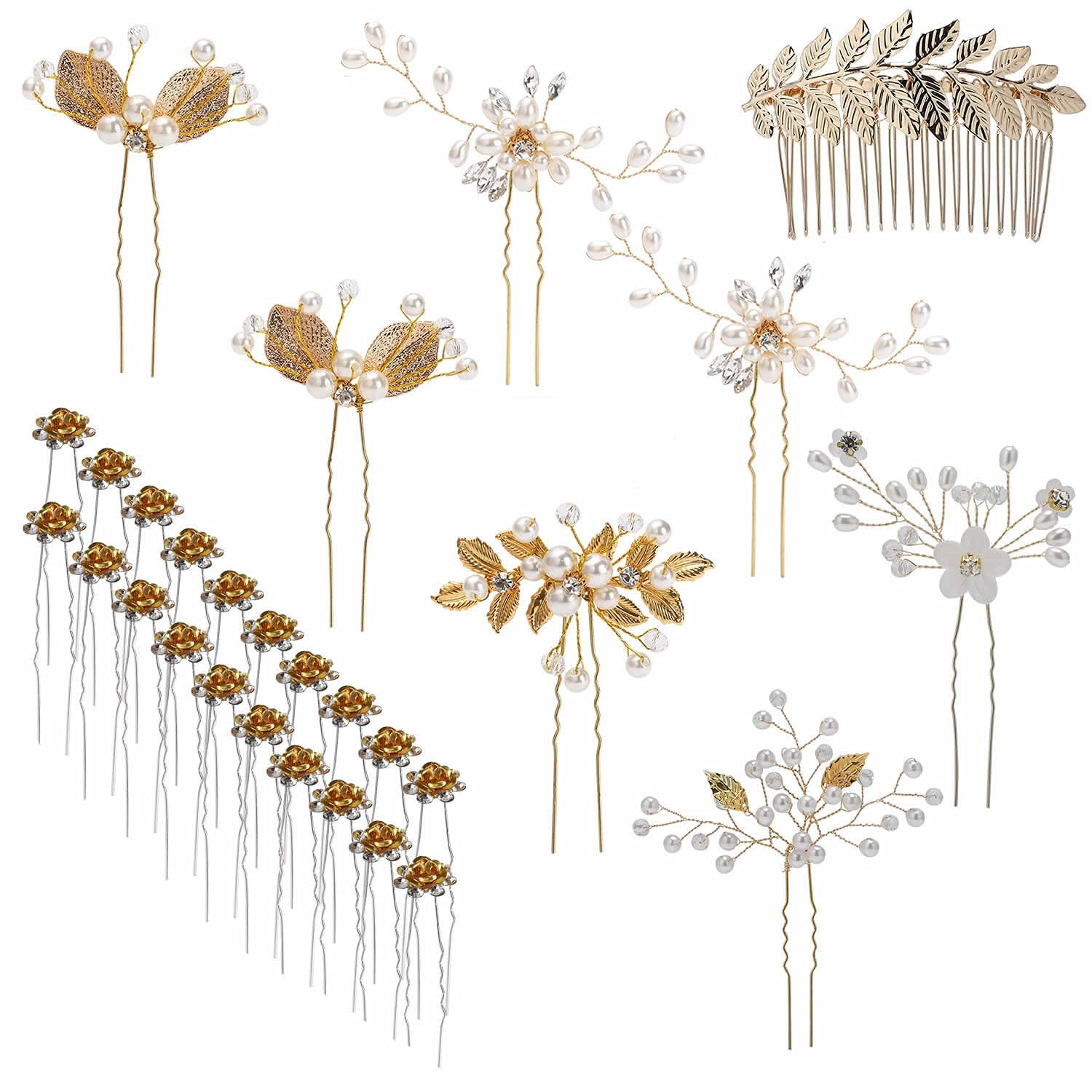 28 Pack Gold Metal Leaf Hair Combs & Pearl Rhinestone Hair Pins - Wedding Bridal Hair Accessories for Women, Bridesmaids, Prom, Formal Updos (Great for Weddings, Parties & Special Occasions)