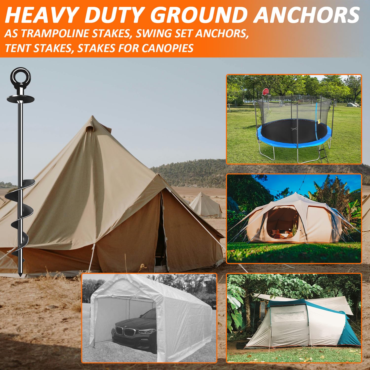 Heavy Duty Trampoline Ground Anchors - 4 Pack 18'' Screw-In Stakes for High Wind Protection | Secure Outdoor Play Equipment, Backyard Trampoline Safety, Storm-Proof Anchoring System