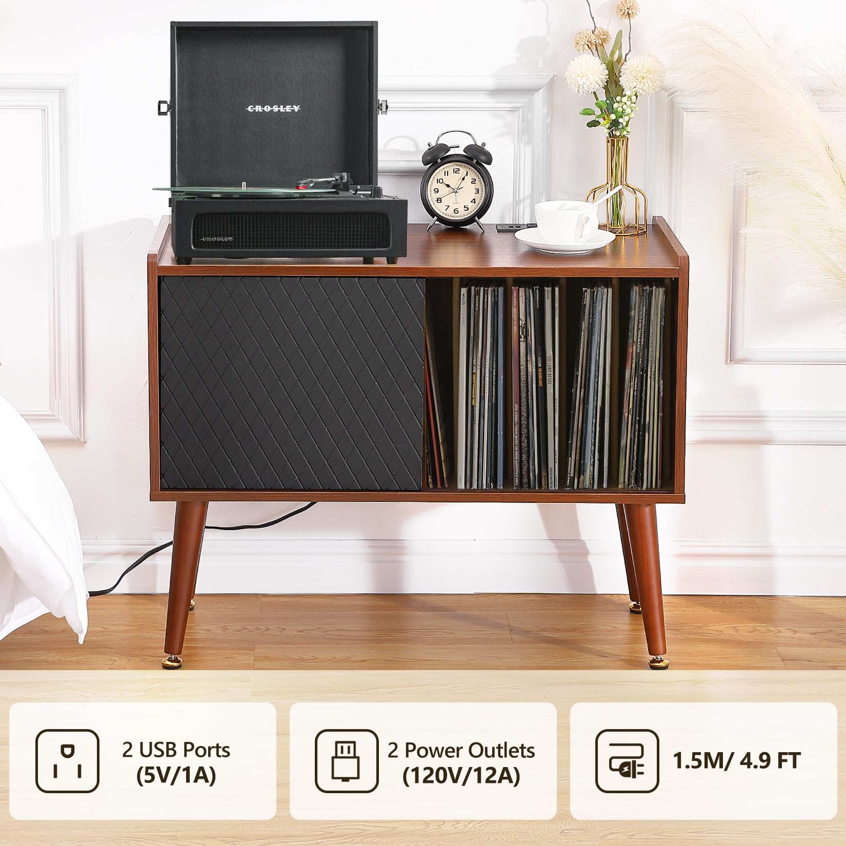 Garvee Wooden Record Player Stand with Charging Station & USB Ports - Large Vinyl Storage Cabinet Holds 300+ Albums - Turntable Stand with Side Table for Living Room, Bedroom & Home Decor