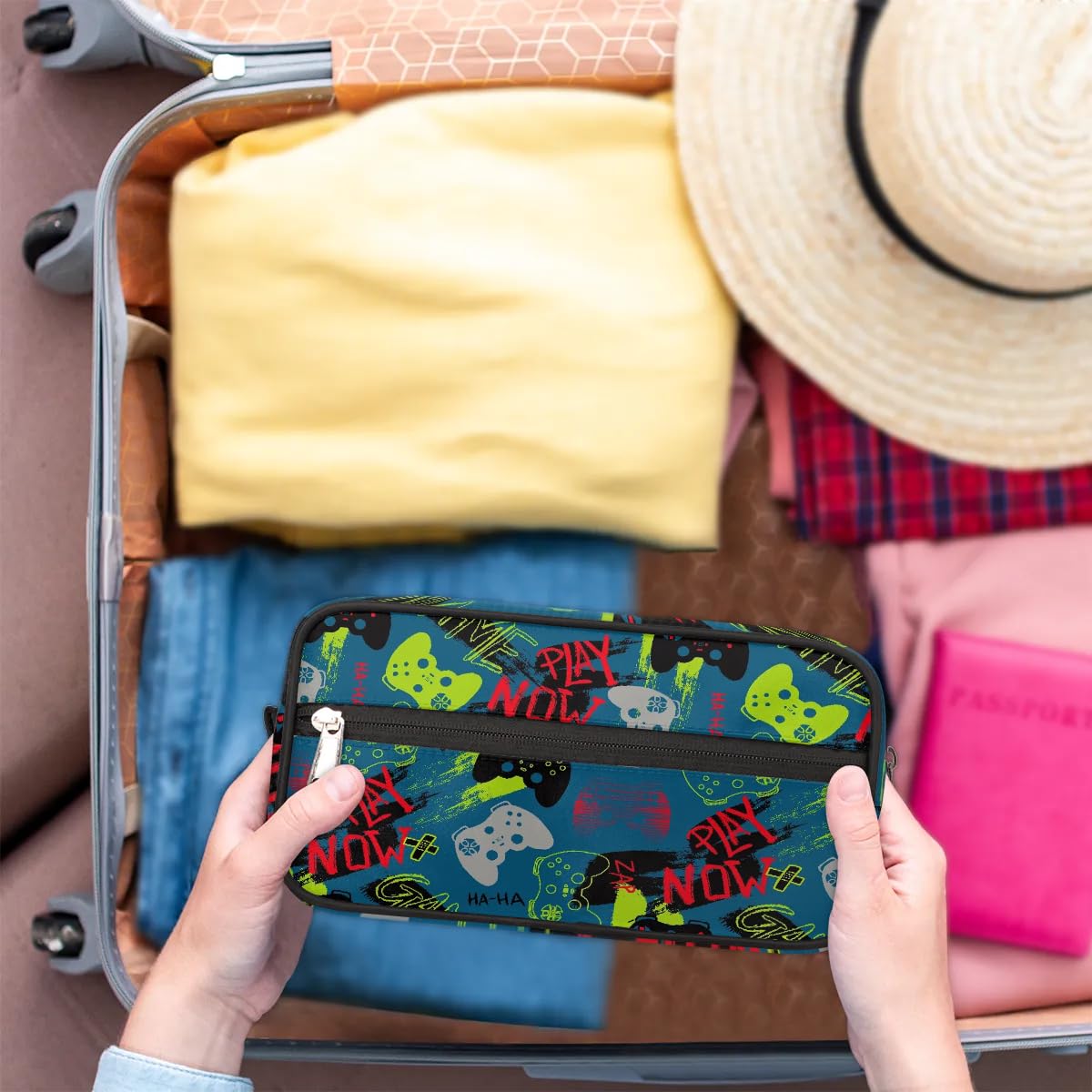 Waterproof Hanging Travel Toiletry Bag for Kids & Teens - Portable Dopp Kit for Boys' Bathroom Essentials, Game Joysticks & Accessories - Perfect for School Trips, Camping & Family Vacations