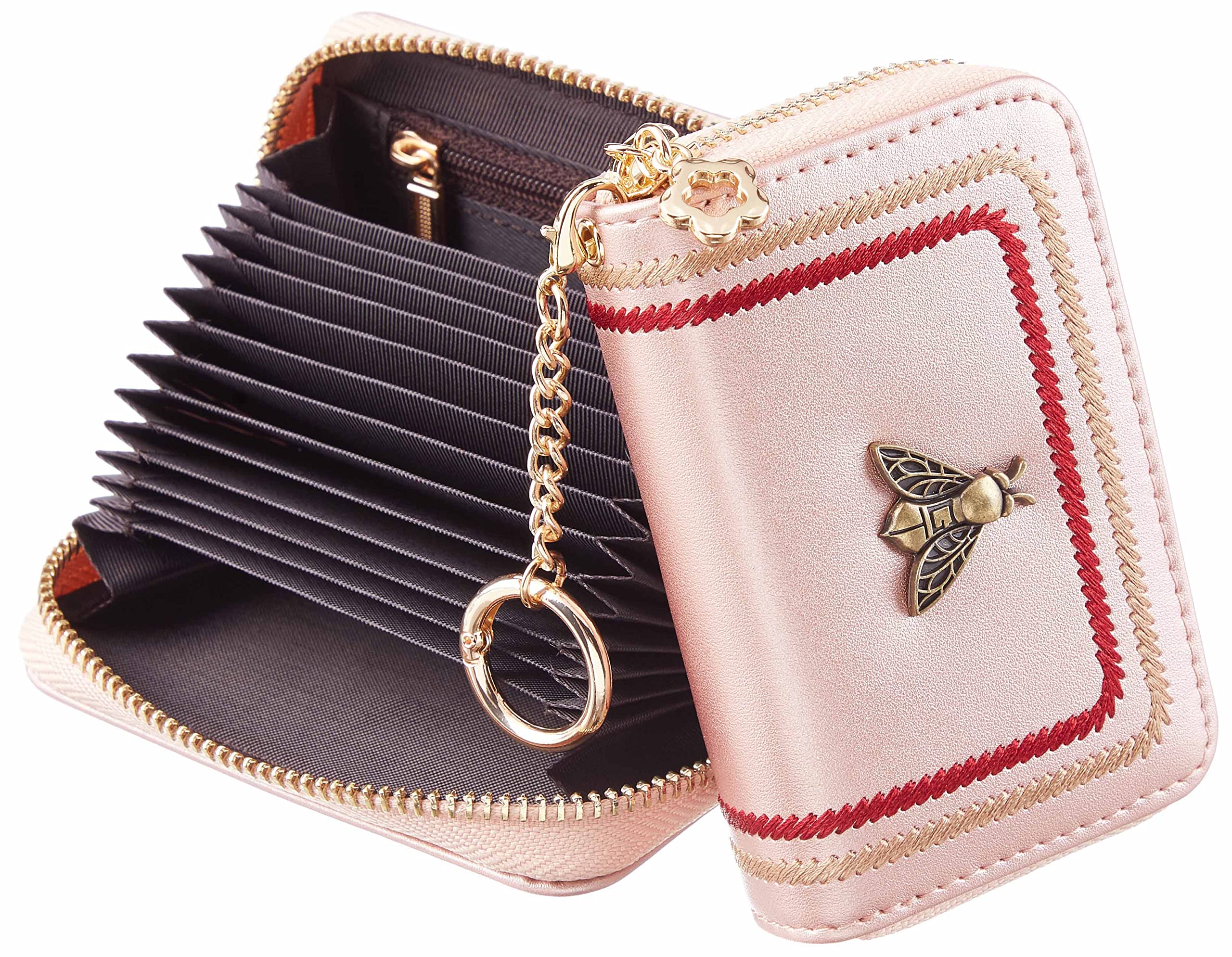 Gostwo Rose Gold Zipper Credit Card Holder - Slim RFID Blocking Wallet with Keychain for Women - Perfect for Travel, Shopping & Everyday Use