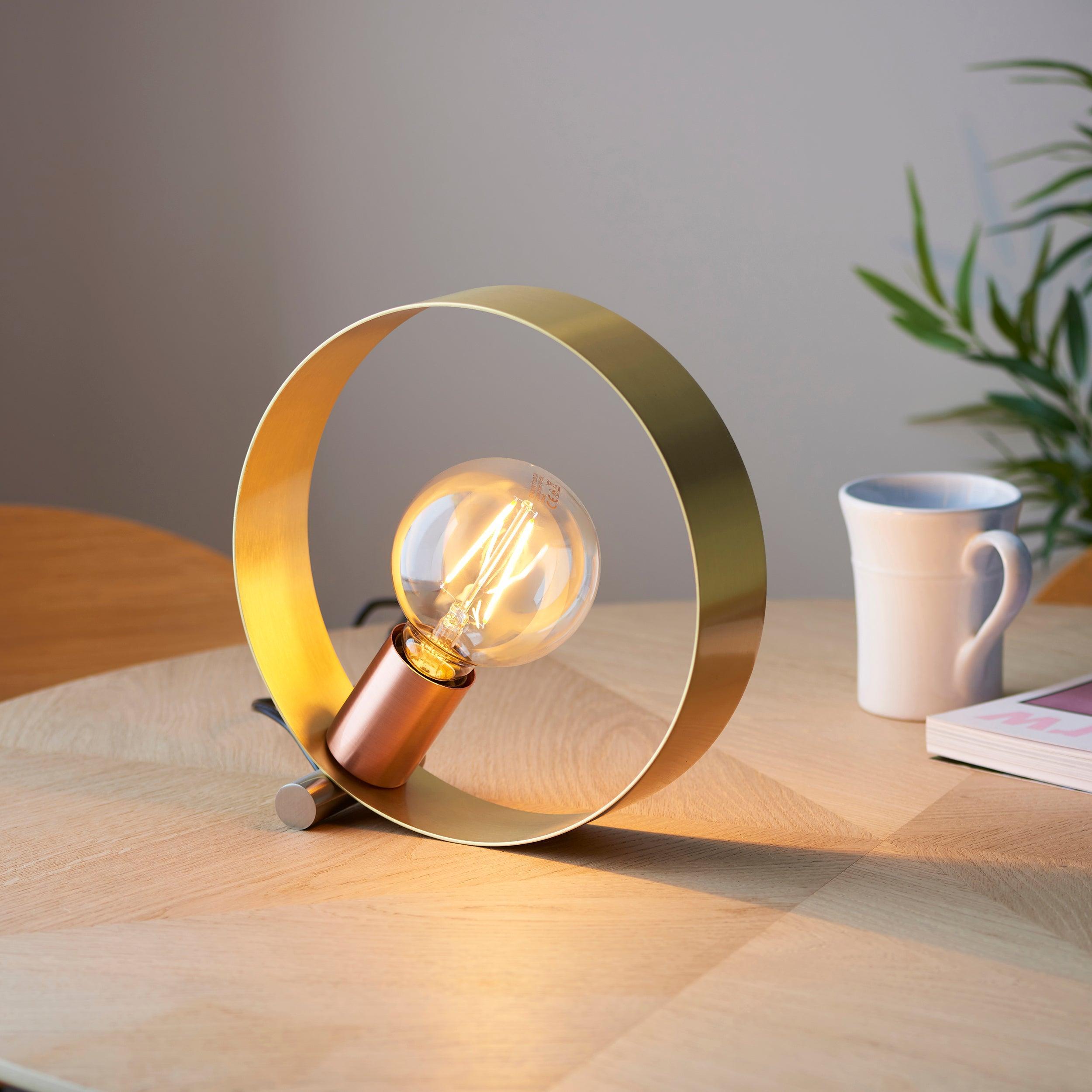 Endon Hoop 1 Light Brass Finish Table Lamp - Modern Desk Lamp for Bedroom, Living Room & Office - Perfect for Reading, Working & Home Decor