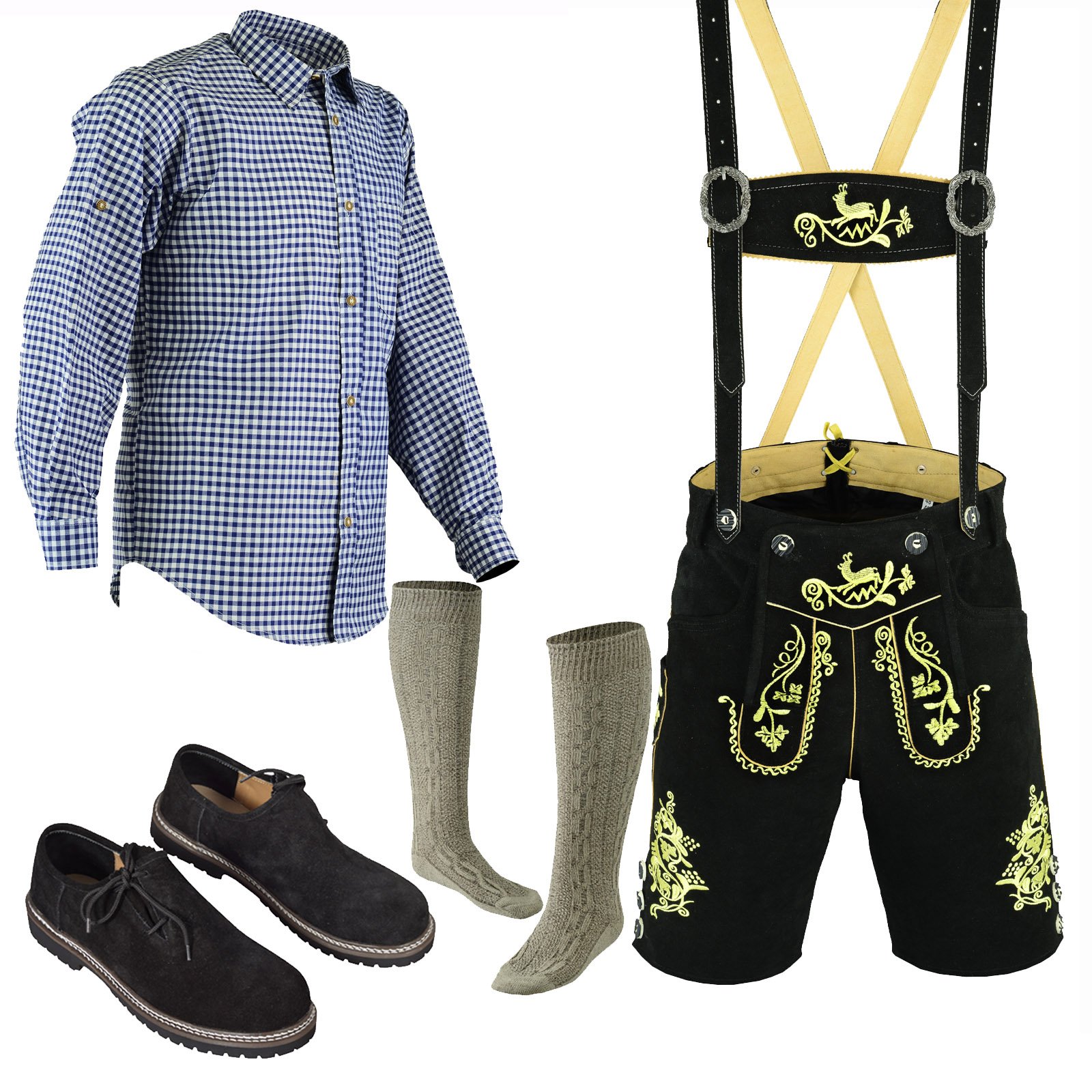 Authentic Bavarian Oktoberfest Lederhosen Set - Knee-Length Leather Shorts, Shirt, Shoes & Socks (Light Brown, Size 40) | Traditional German Costume for Beer Festivals, Oktoberfest Parties & Cultural Events