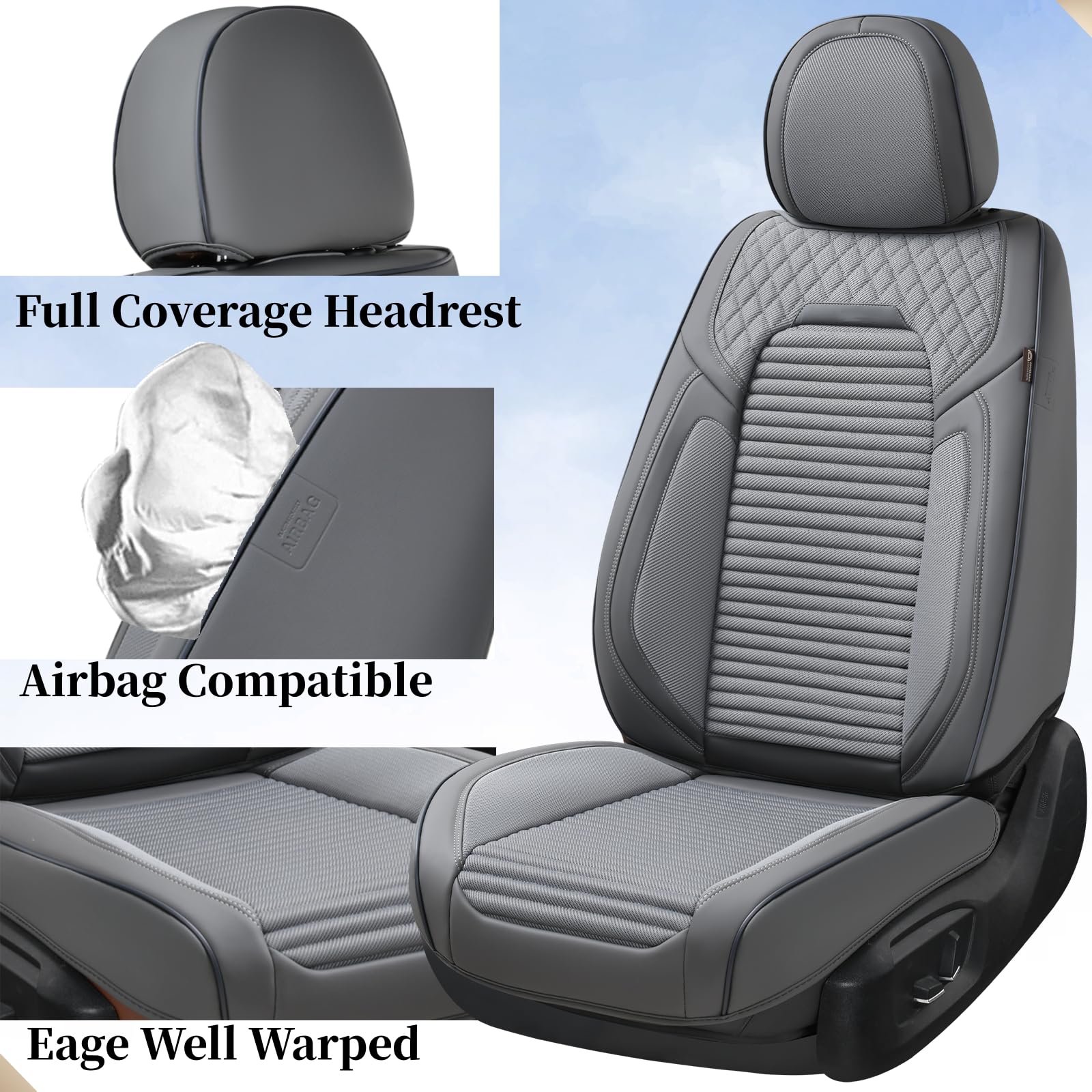 Premium Leather Car Seat Covers Full Set - Universal Fit for Most Cars, SUVs & Trucks (Gray) | Waterproof & Durable Auto Seat Protectors for Comfort & Style | Perfect for Daily Commute, Road Trips & Family Travel