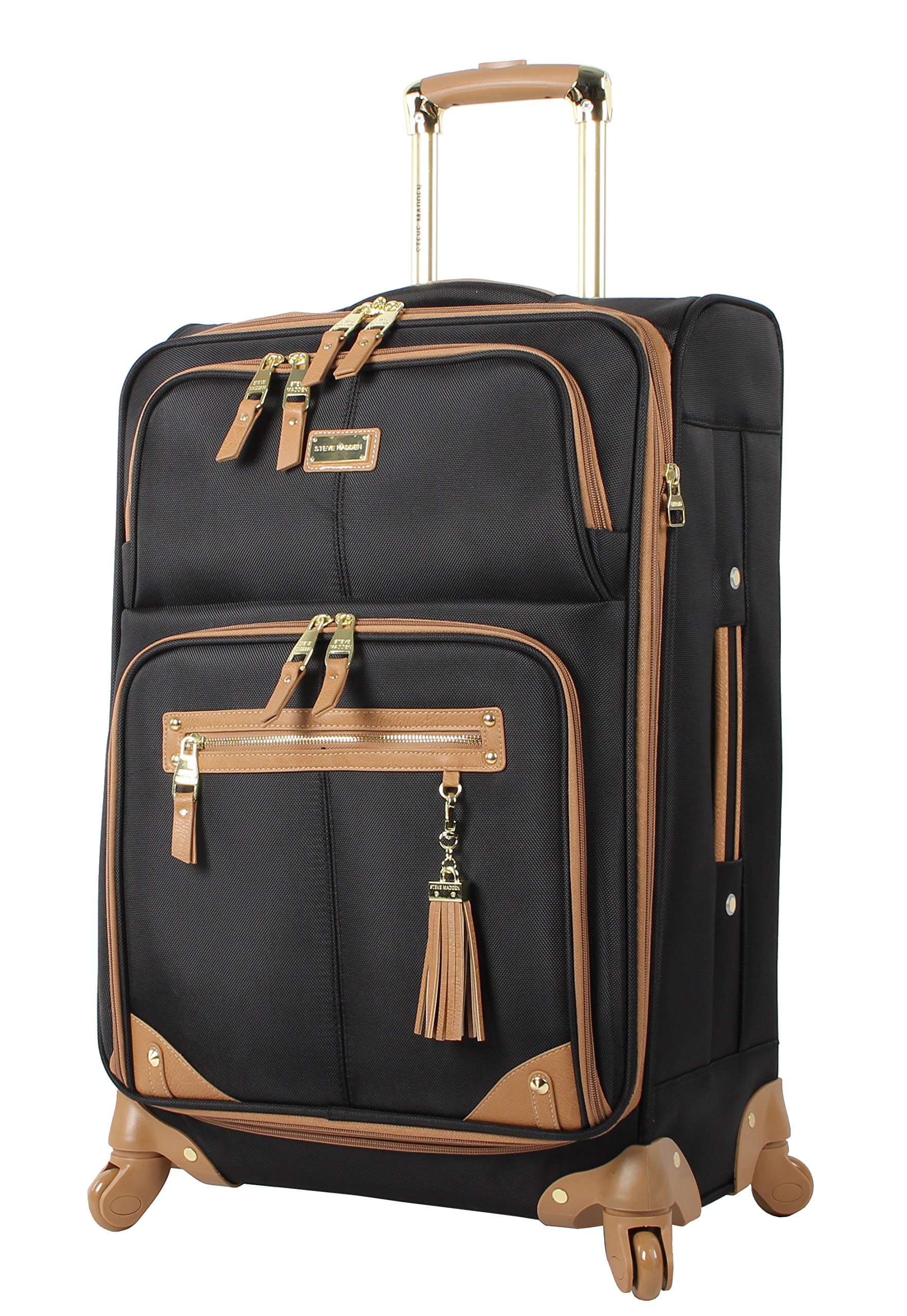 Steve Madden Designer 24 Inch Expandable Softside Spinner Luggage - Lightweight Checked Suitcase with 4-Wheel Rolling System (Harlo Black) - Perfect for Business Travel, Vacation & Airplane Trips
