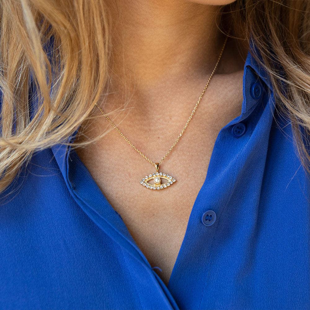 Greek Eye Pearl Necklace - Elegant Blue Evil Eye Protection Jewelry for Women | Perfect for Weddings, Parties & Everyday Wear
