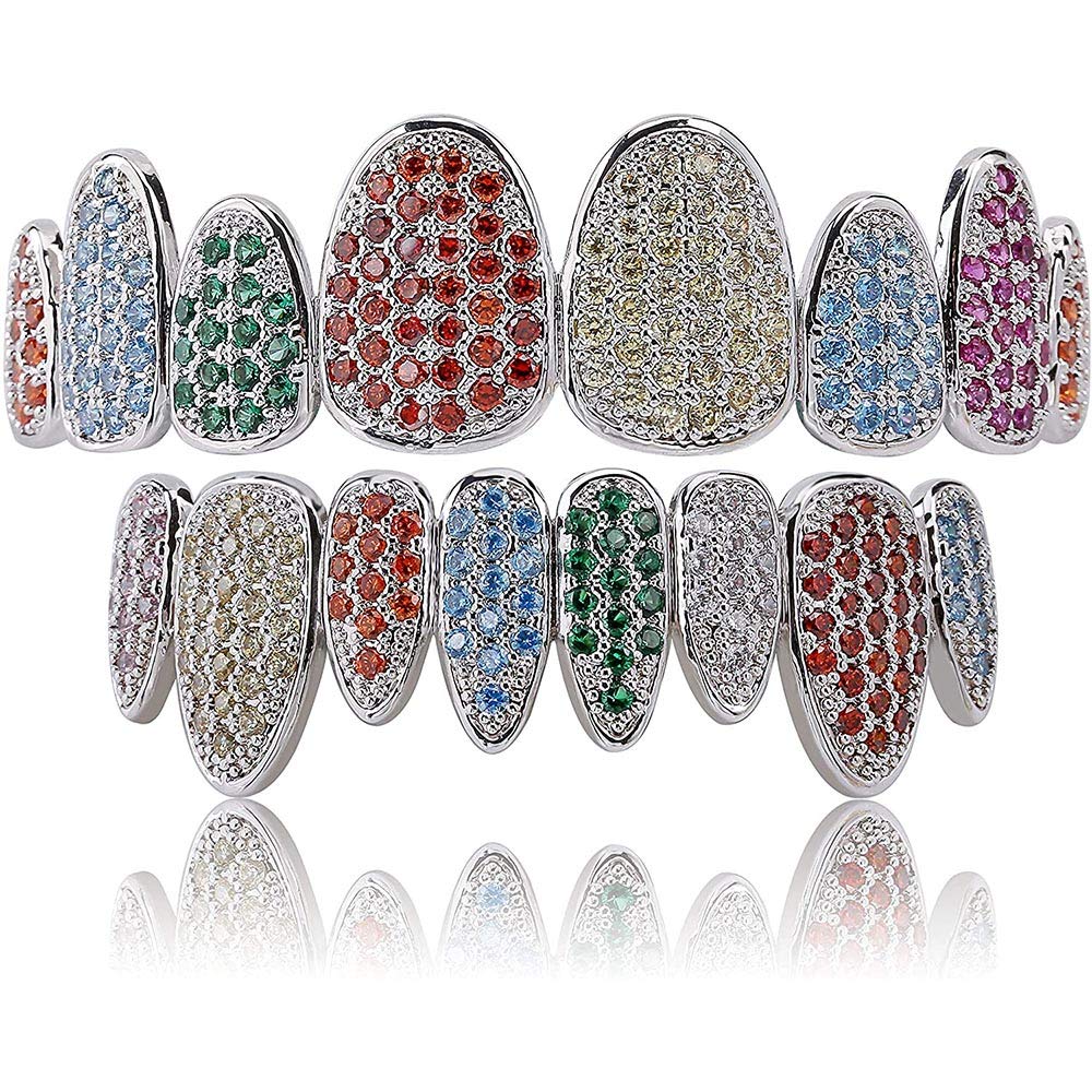 18K Gold Plated Iced Out Simulated Diamond Teeth Grillz with Molding Bars - Luxury Hip Hop Jewelry for Rappers & Performers - Perfect for Concerts, Music Videos & Special Events