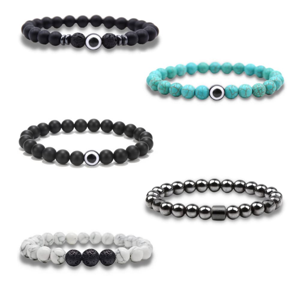 Natural Lava Rock Beads Stretch Bracelet Set - Adjustable Braided Rope Gemstone Elastic Bracelets for Men & Women (5-Piece Set) - Perfect for Yoga, Meditation & Spiritual Healing
