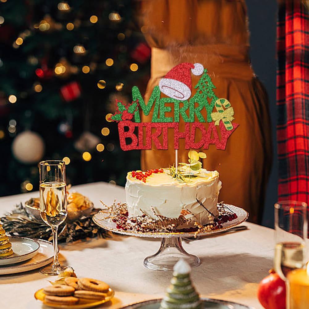 Merry Birthday Cake Topper - Red & Green Glitter Christmas Cake Decorations for Holiday Parties | Christmas, New Year & Winter Celebration Supplies | Perfect for Birthday Cakes, Christmas Desserts & Festive Gatherings