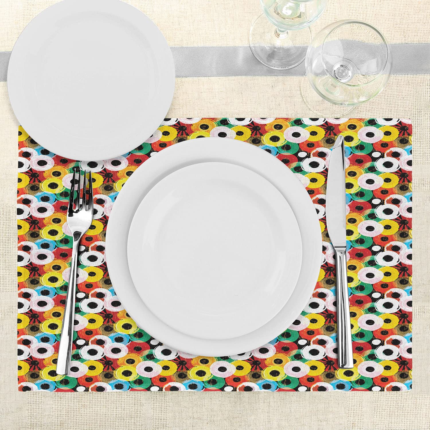 Ambesonne Retro Vinyl Record Place Mats Set of 4 - Disc-Shaped Washable Fabric Placemats with Vivid Grunge Graphic for Dining Room & Kitchen Table Decor | Perfect for 70s Themed Parties, Music Lover Gifts & Retro Home Styling