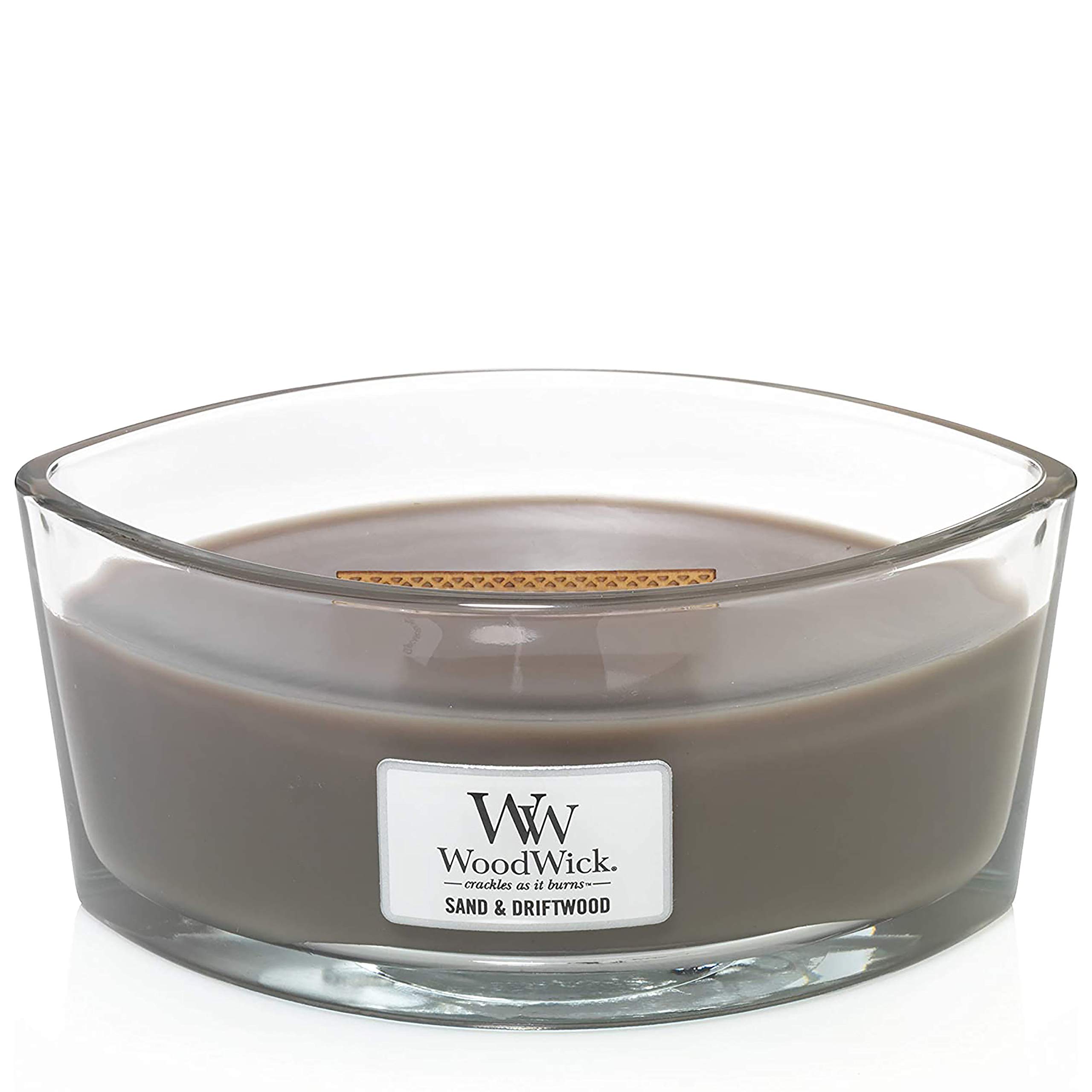 WoodWick Scented Candle with Crackling Wick - Sand & Driftwood Fragrance Ellipse Candle | Long Lasting 50-Hour Burn Time | Natural Soy Wax Aromatherapy Candle | Perfect Gift for Women, Home Decor, Relaxation & Romantic Ambiance