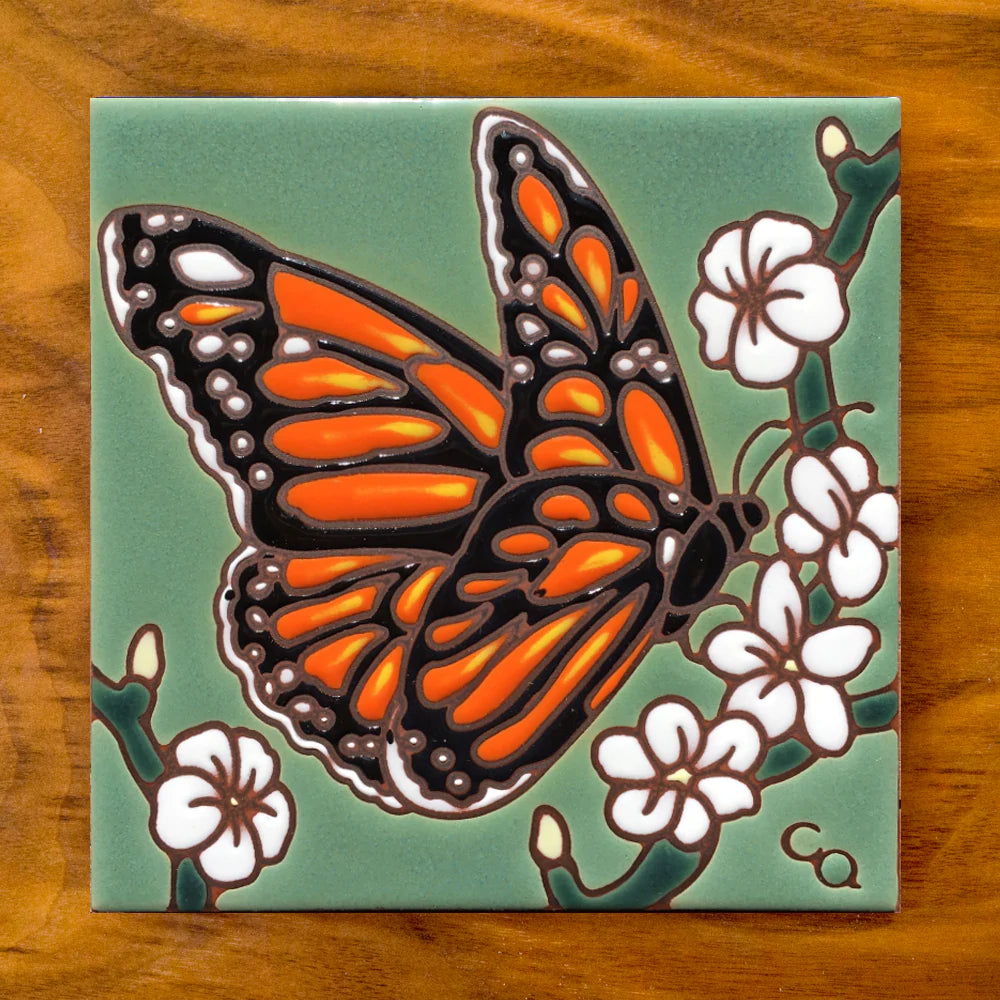 Monarch Butterfly with Flower 6 x 6 Ceramic Tile - Handmade Wall Decor for Kitchen, Bathroom & Garden