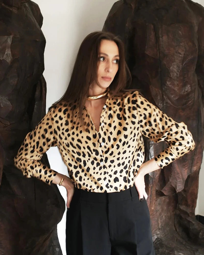 Leopard Print Silk Shirt for Women - Elegant Blouse for Office, Party & Date Night | Soft & Comfortable Luxury Top for Work & Special Occasions