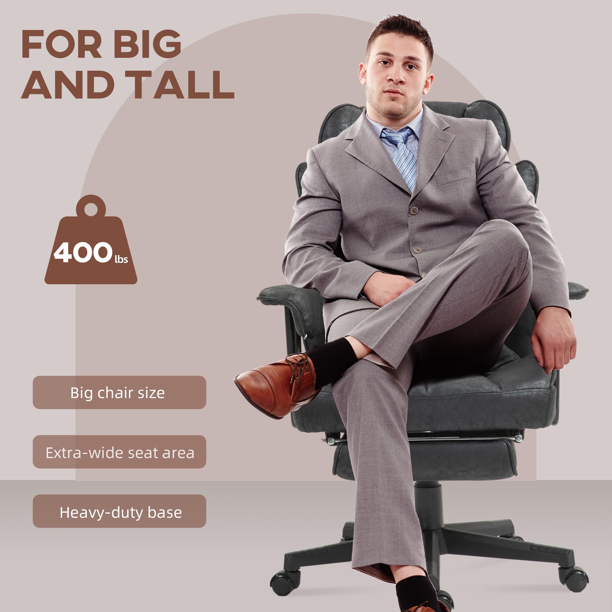 HOMCOM 400LBS Big and Tall Executive Office Chair with Footrest - Ergonomic Reclining Computer Desk Chair with Lumbar Support & Wide Seat - Microfiber Black - Perfect for Home Office, Gaming, and Workspace Comfort