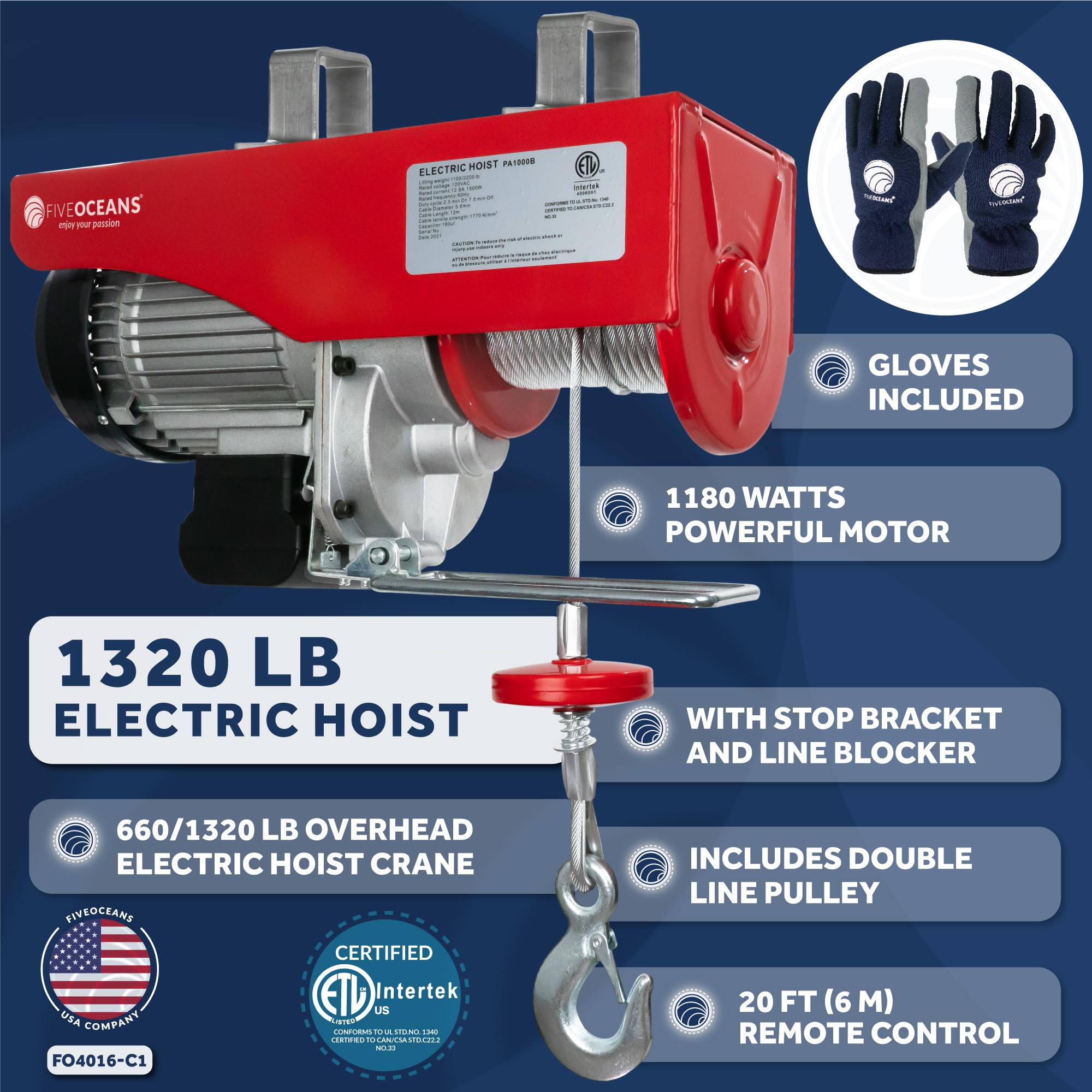 Five Oceans FO4016-C1 1320 Lbs Electric Overhead Hoist Lift Crane - Heavy Duty Garage Ceiling Pulley Winch with Zinc-Plated Steel Wire & 20FT Remote Control - Includes Working Gloves for Safe Lifting - Perfect for Garage, Workshop, and Industrial Use
