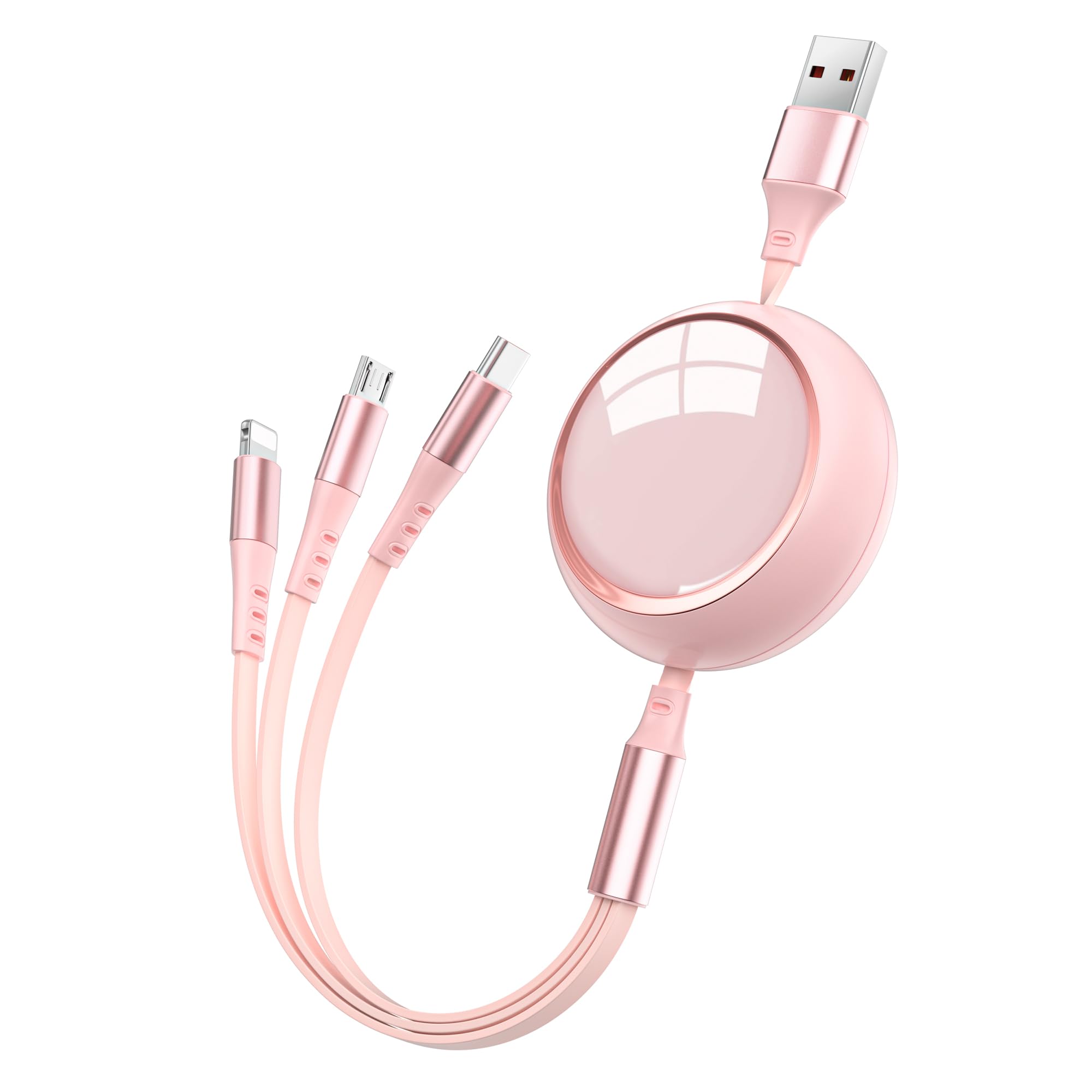 Vuanke 3-in-1 Retractable Charging Cable - Fast USB to iPhone/Type C/Micro USB Adapter - Compatible with iPhone 14, Galaxy S24/S23, iPad - Portable Multi Charger for Travel, Home & Office (Pink)