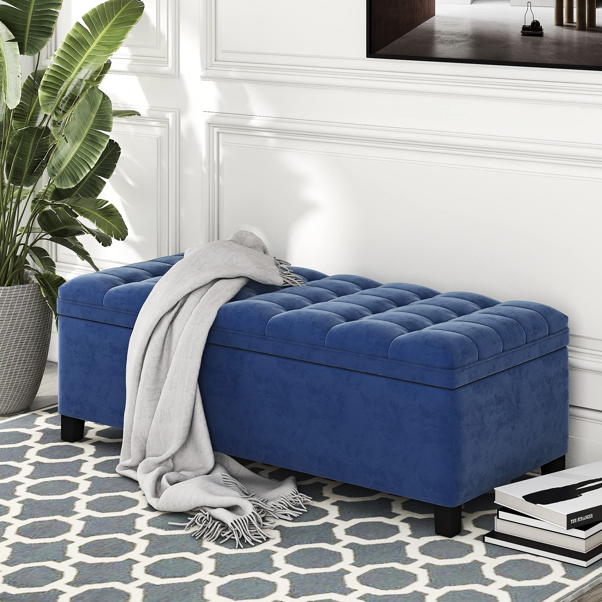 Tufted Storage Ottoman Bench with Upholstered Seat - Large Polyester Footstool for Bedroom, Living Room & Entryway | End of Bed Bench with Hidden Storage for Shoes & Blankets | Blue Home Decor (Perfect for Small Spaces & Organization)