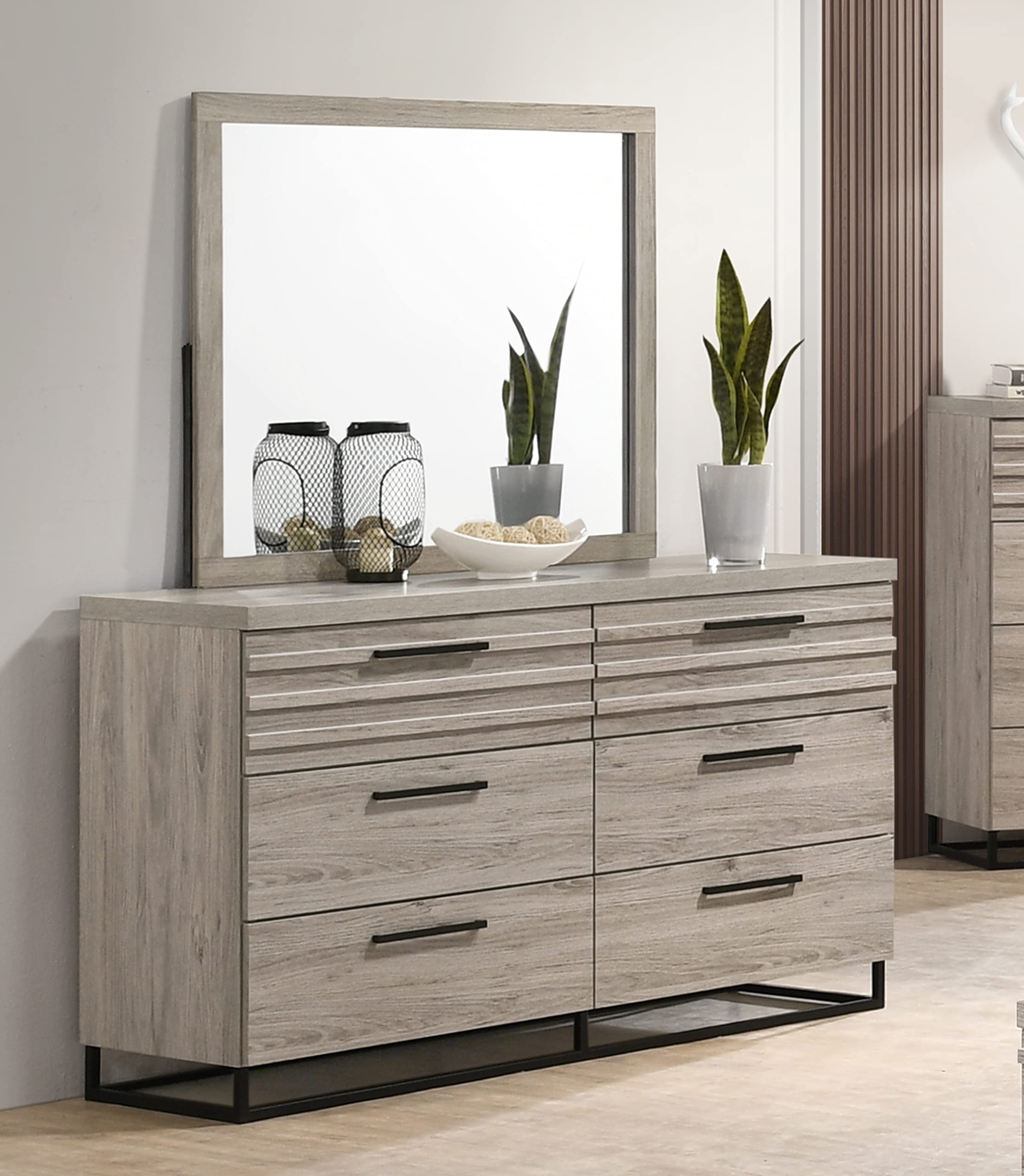Roundhill Furniture Alvear Upholstered Wood Wallbed with White LED Lights, Dresser, Mirror, Chest & 2 Nightstands - King Size Murphy Bed for Small Spaces & Guest Rooms - Space Saving Bedroom Set with Storage & Modern Lighting