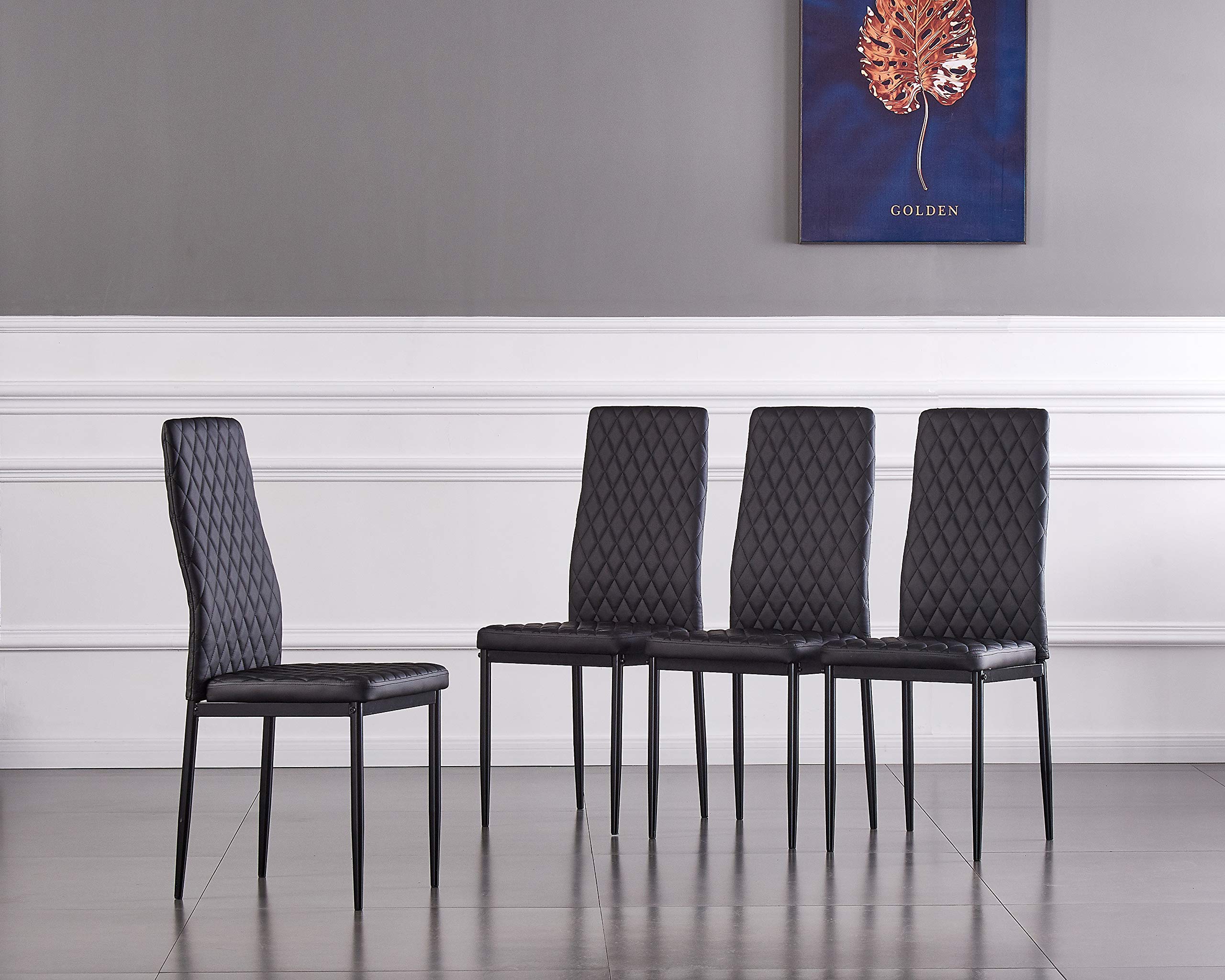 Modern Minimalist Dining Chairs Set of 4 or 6 - Fireproof Leather Upholstery with Diamond Grid Pattern, Sprayed Metal Pipe Frame - Perfect for Restaurants, Home Dining Rooms & Conference Spaces (Black, 4-Piece Set)