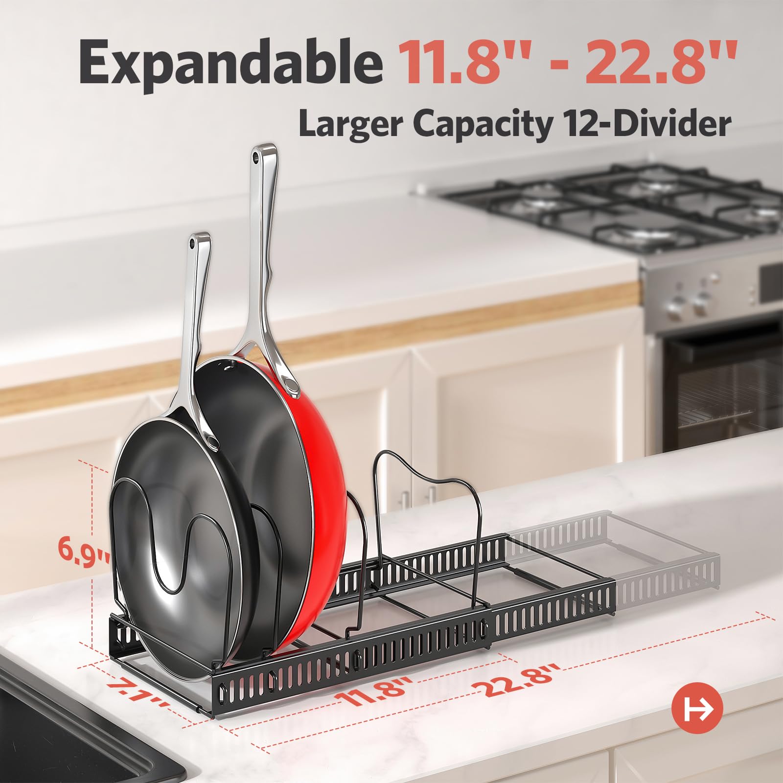 ORDORA Pots and Pans Organizer - Under Cabinet Storage Rack, 11.8'' to 22.8'' Extendable with 12 Adjustable Dividers, Kitchen Cabinet Organizer for Pots, Pans, Lids - Perfect for Small Kitchens, RV, Apartment & Dorm Organization