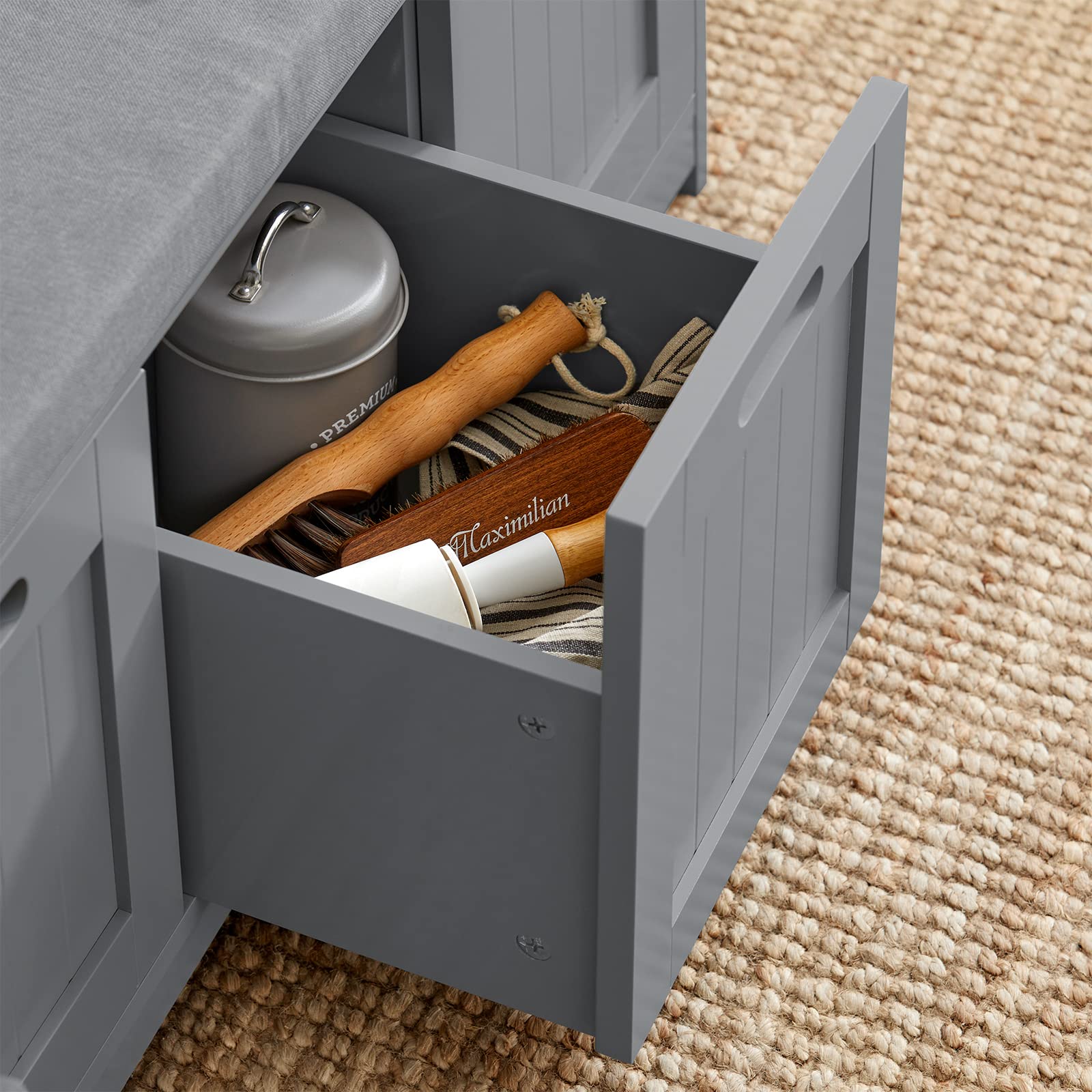 Haotian Storage Bench with 2 Cabinets, 1 Drawer & Removable Cushion - Multifunctional Entryway Shoe Organizer Bench for Hallway, Bedroom, Nursery - Grey FSR80-SG | Perfect for Small Space Organization & Shoe Storage Solutions
