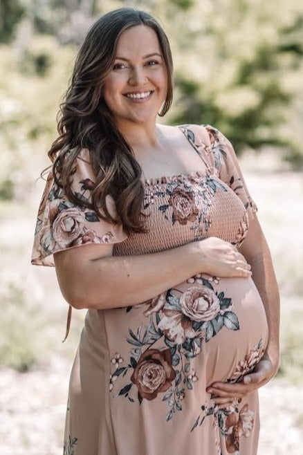 Beige Floral Chiffon Square Neck Smocked Short Sleeve Maternity Maxi Dress for Pregnancy, Nursing & Special Occasions - Comfortable Summer Maternity Dress for Baby Showers, Weddings & Beach Vacations