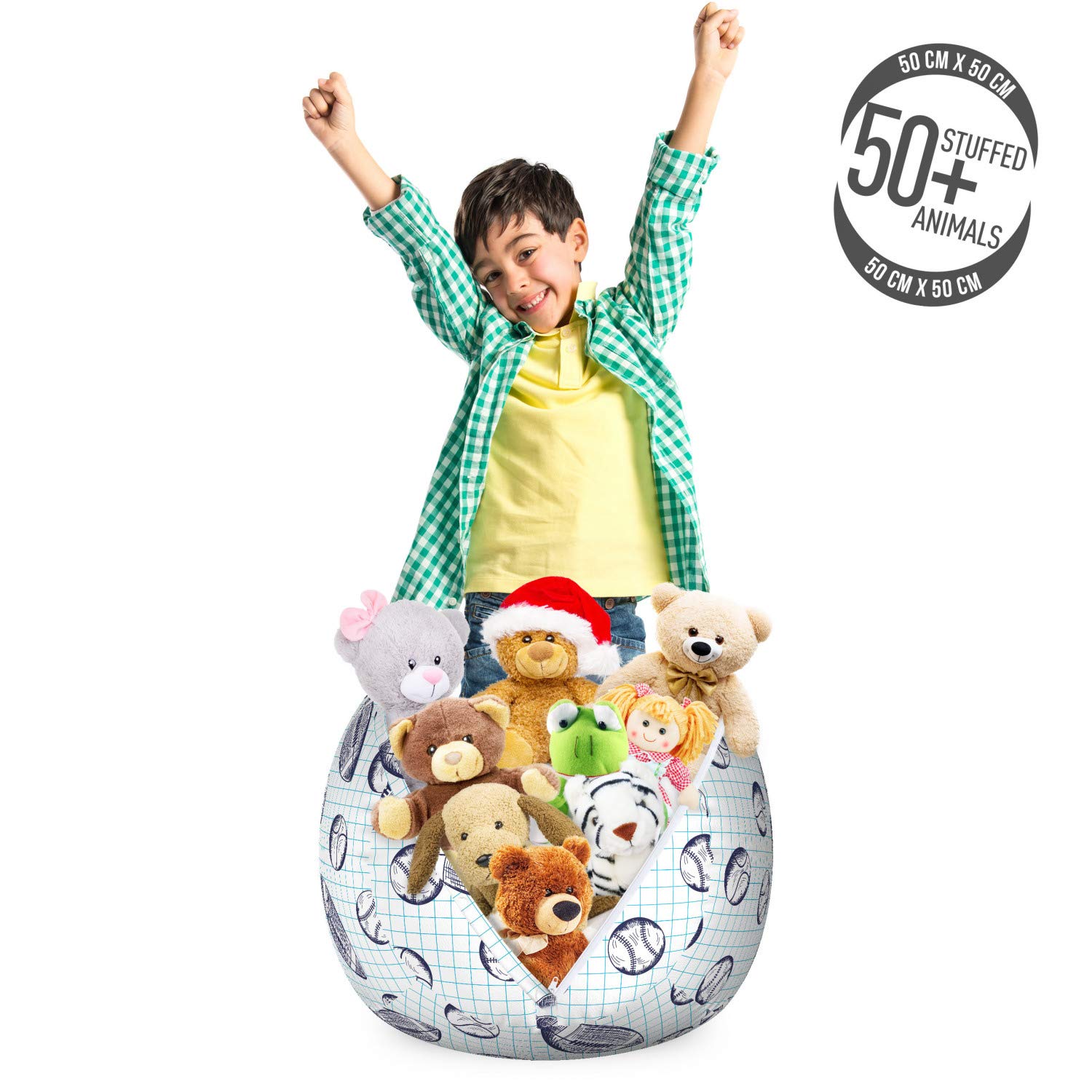 Ambesonne Baseball Toy Storage Bag Chair - Washable Stuffed Animal Organizer with Pigskin & Baseballs Design, Small Size in Indigo & Pale Blue - Perfect for Kids' Room, Playroom & Sports Themed Decor