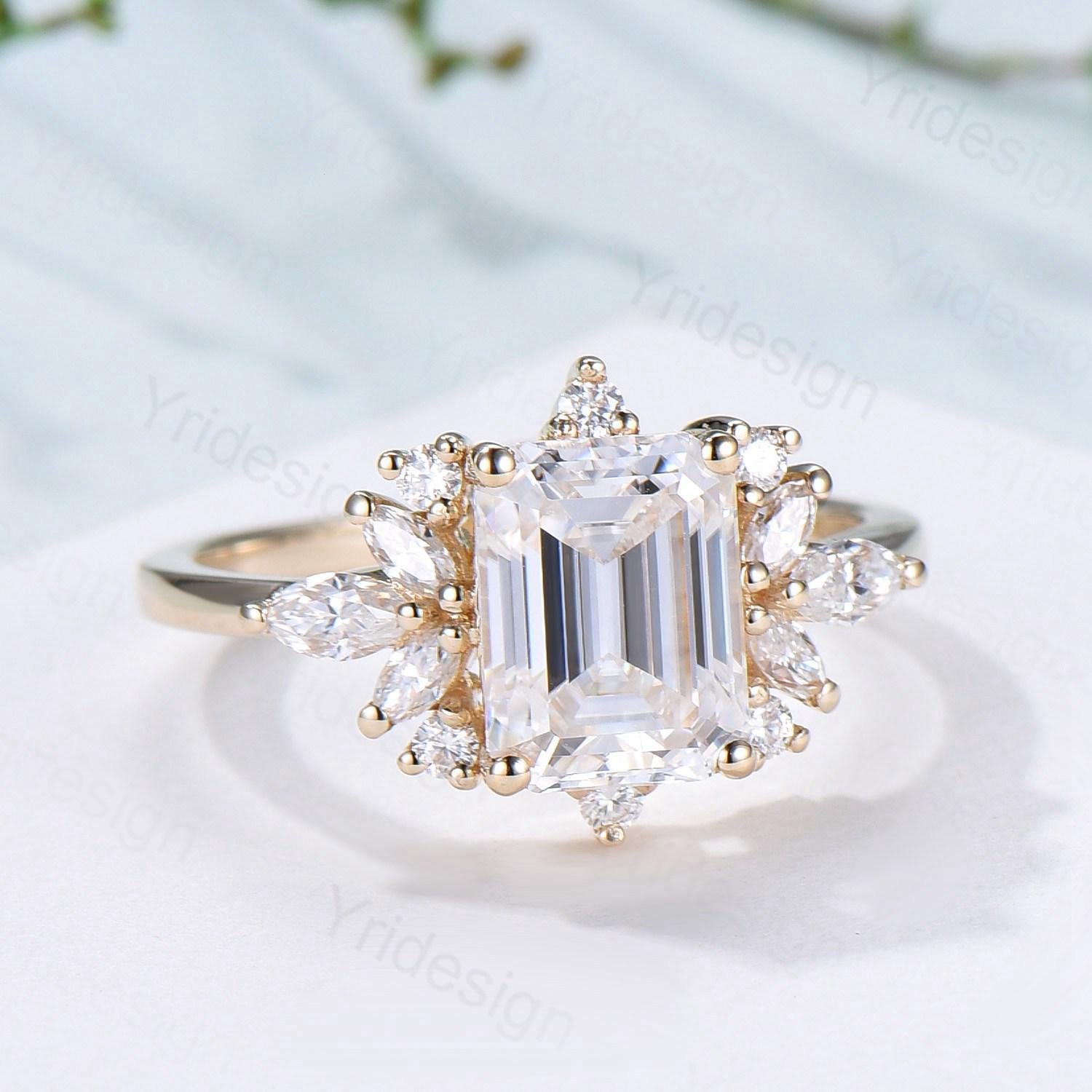 Custom Halo Emerald Cut Moissanite Engagement Ring 14K Yellow Gold - Cluster Marquise Moissanite Wedding Band - Unique Anniversary & Promise Gift for Her - Perfect for Proposals, Weddings & Romantic Occasions