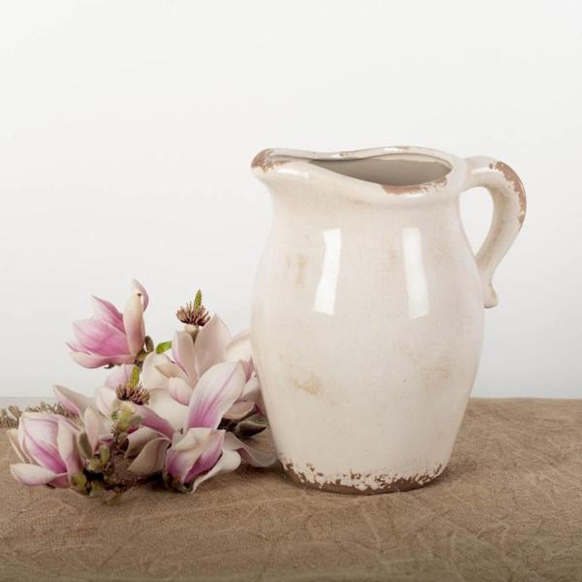 Vintage White Ceramic Pitcher - Elegant Farmhouse Style Pitcher for Milk, Juice & Water - Perfect for Rustic Kitchen Decor, Dining Table Centerpiece & Country Home Accessories
