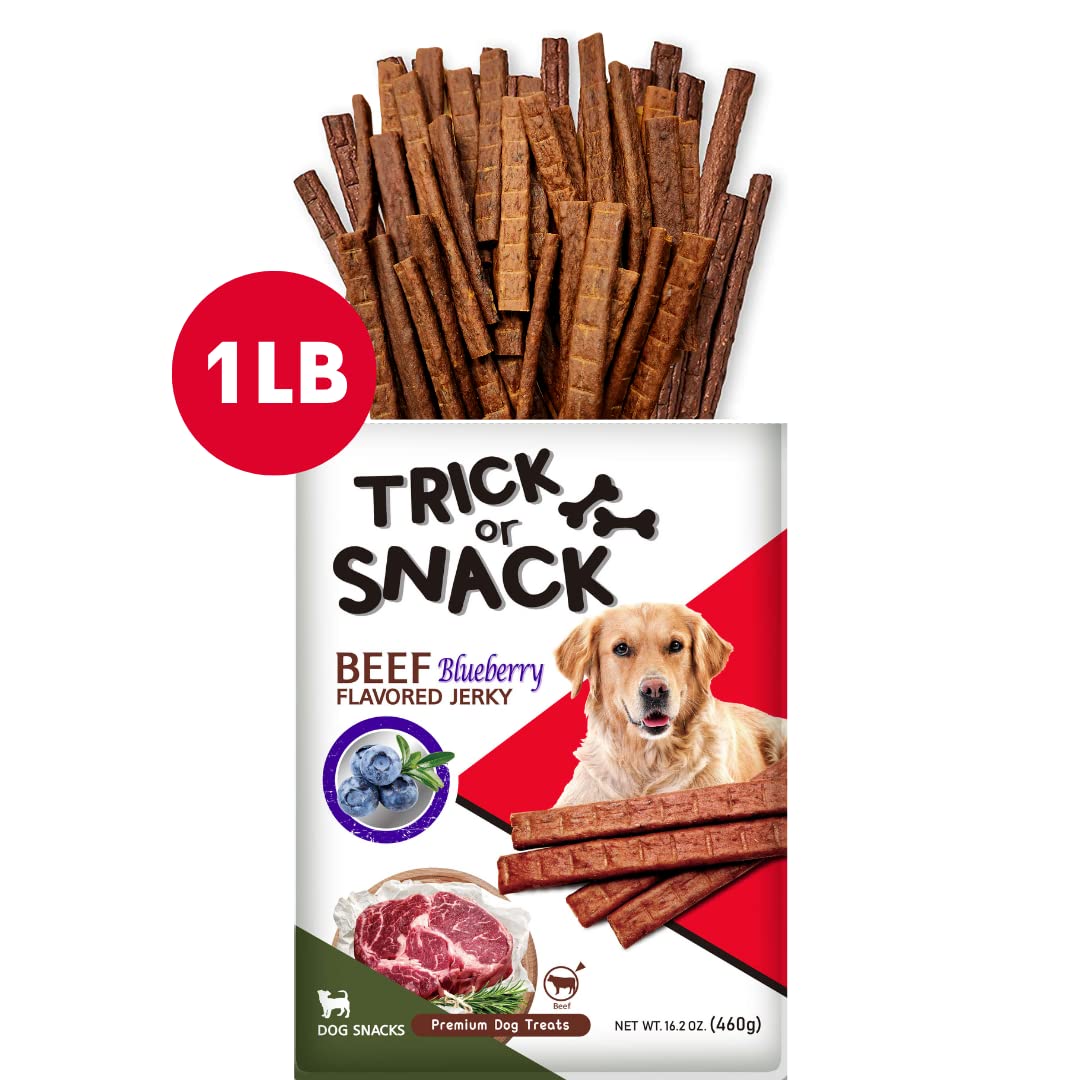 Premium 1lb Natural Dog Jerky Treats - Healthy Smoked Beef, Chicken & Salmon Chews with Blueberry | High Protein Training & Walking Snacks | Perfect for Reward, Travel & Outdoor Adventures