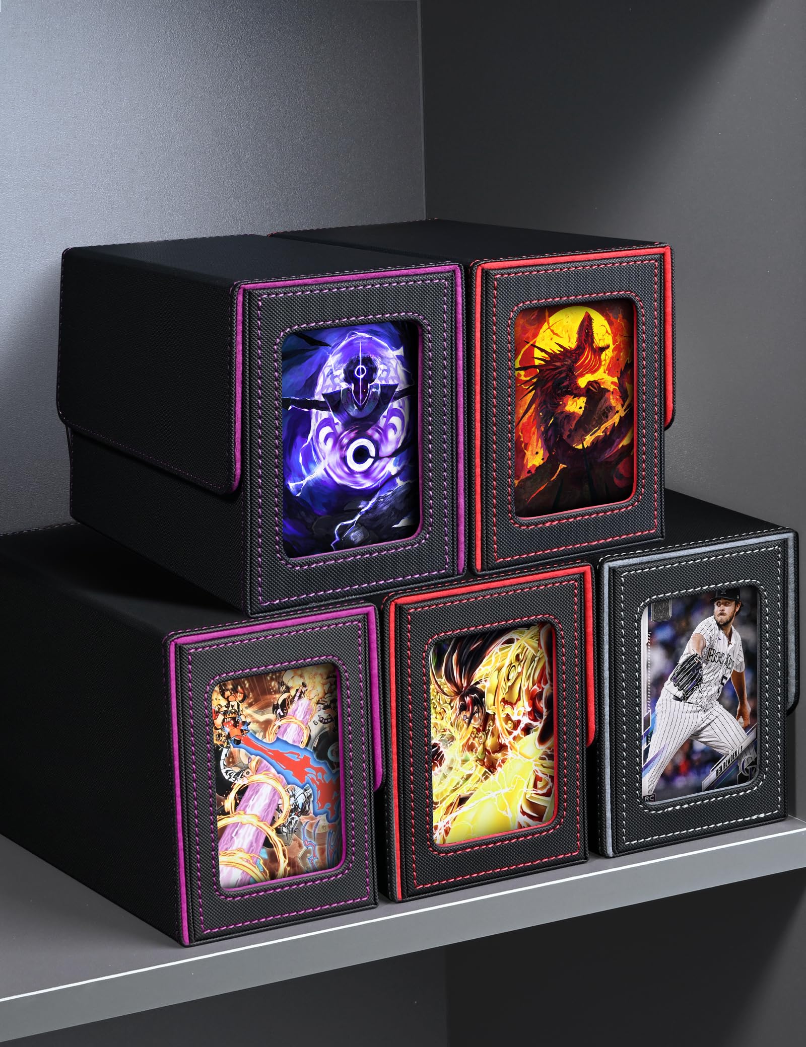 Premium Leather Magnetic MTG Deck Box with 2 Commander Displays - Holds 280+ Single Sleeved Cards - Perfect for TCG/CCG Magic: The Gathering Cards (Black & Red) - Ideal for Game Nights, Tournaments & Card Collection Storage