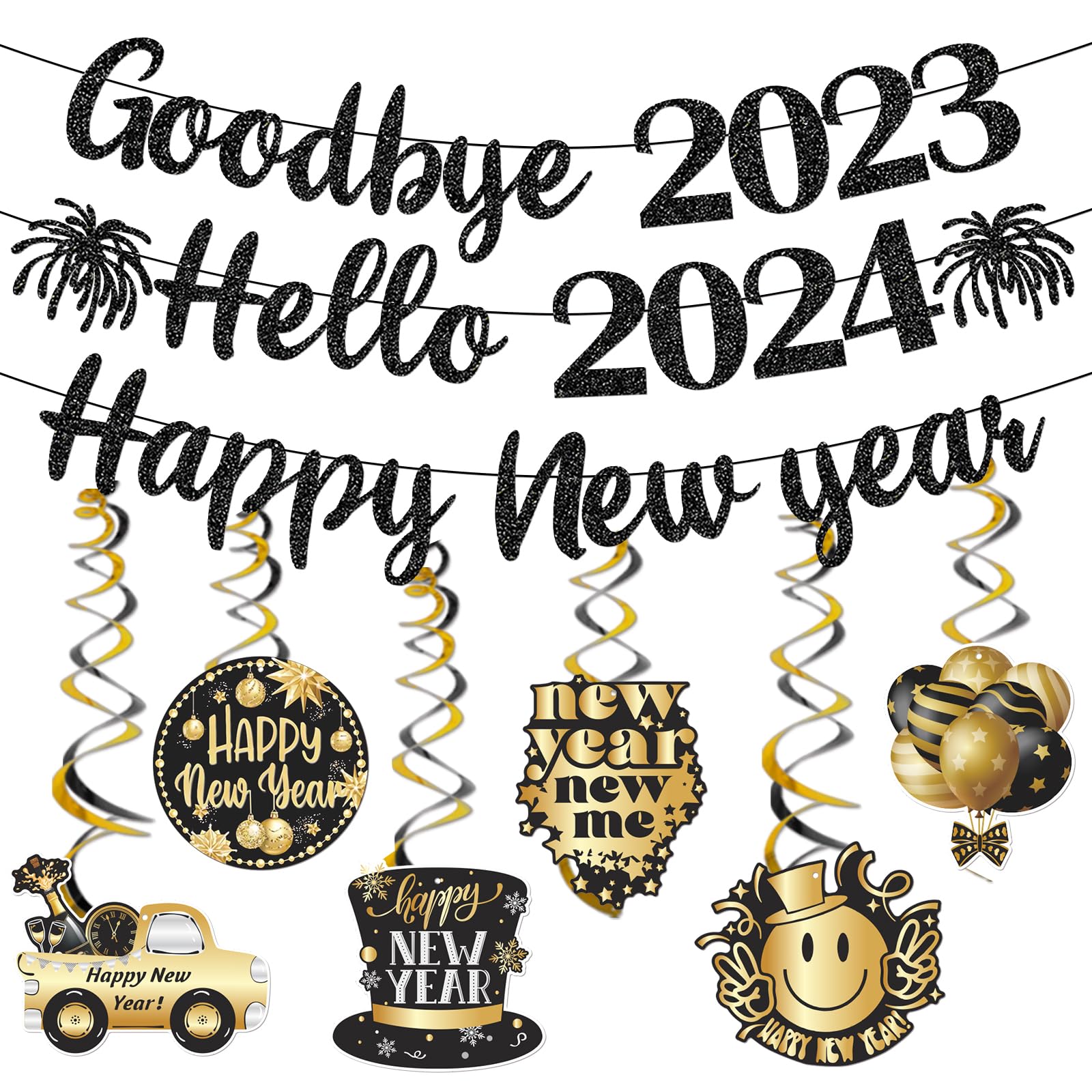 2024 New Year Decorations Set - Black Glitter Happy New Year Banner, Goodbye 2023 Hello 2024 Sign, NYE Party Supplies & Hanging Decorations - Perfect for New Year's Eve Parties, Countdown Events & Home Decoration
