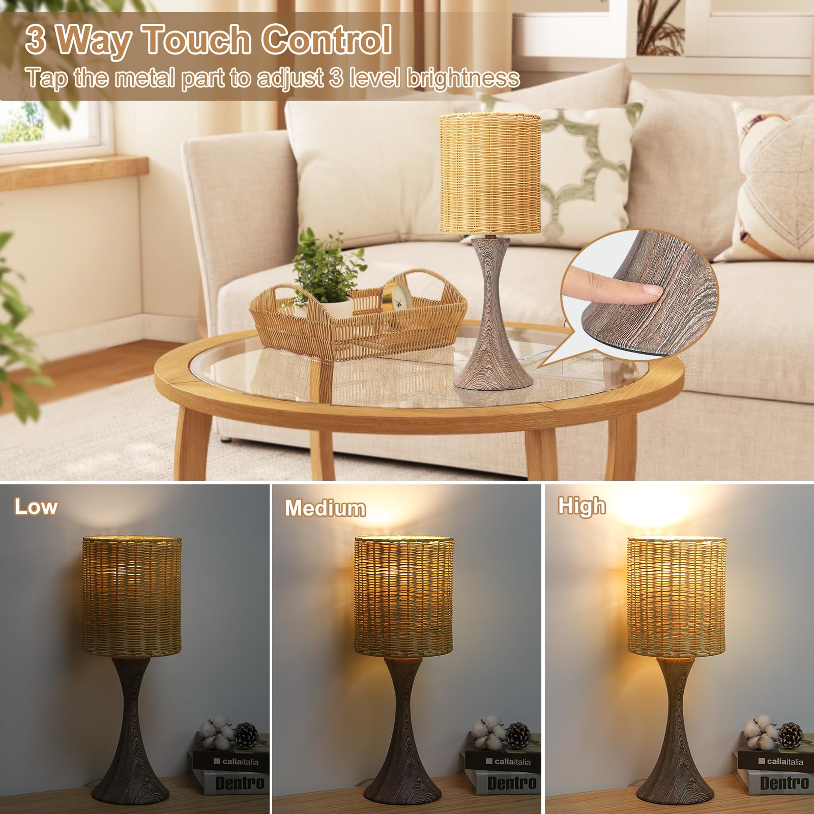 Rattan Touch Lamp with Wood Grain Base - 3-Way Dimmable Nightstand Lamp, Farmhouse Desk Lamp & Small Night Light for Living Room, Bedroom, Dorm & Home Office - Includes 9W LED Bulb - Perfect for Cozy Reading Nook, Modern Farmhouse Decor & Warm Ambient Lighting