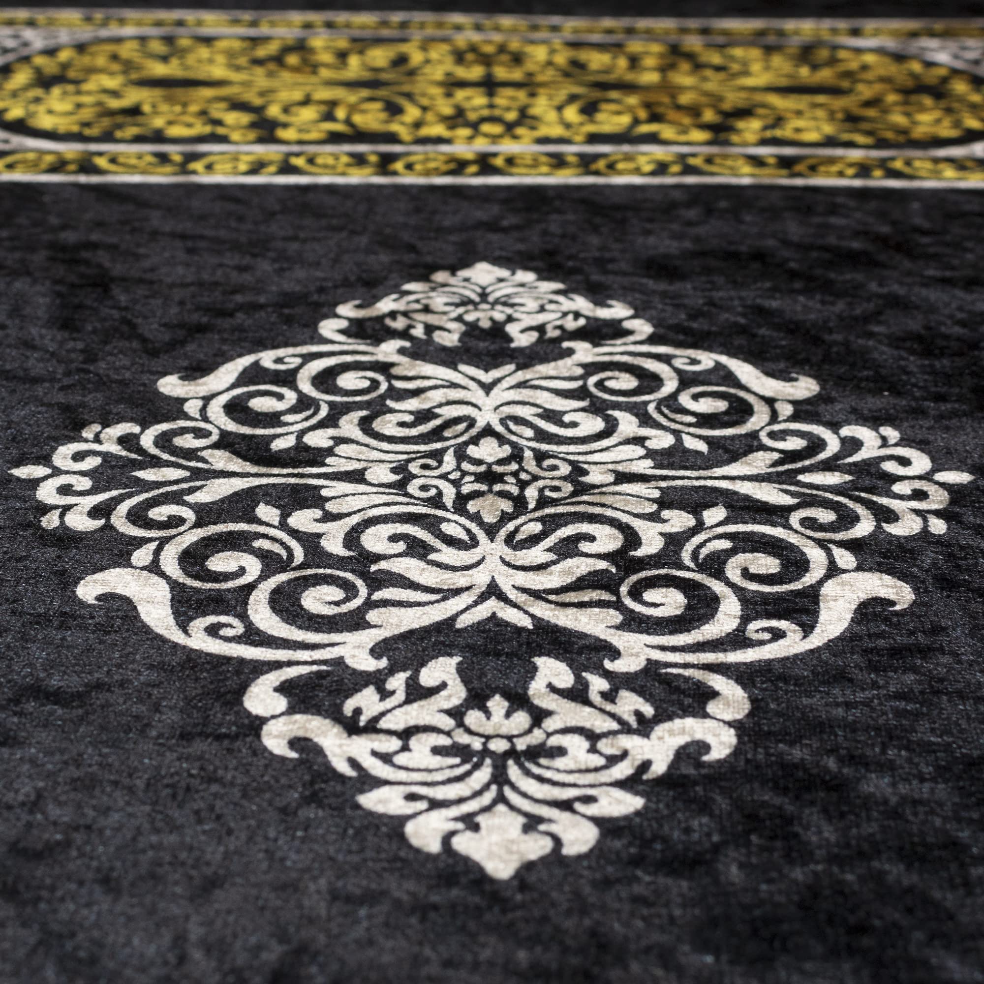 Premium Turkish Islamic Prayer Rug - Thick Padded Comfortable Muslim Prayer Mat for Men & Women | Large Luxury Foam Velvet with Meccan Digital Print in Black & Gold | Perfect for Home, Mosque & Travel Use