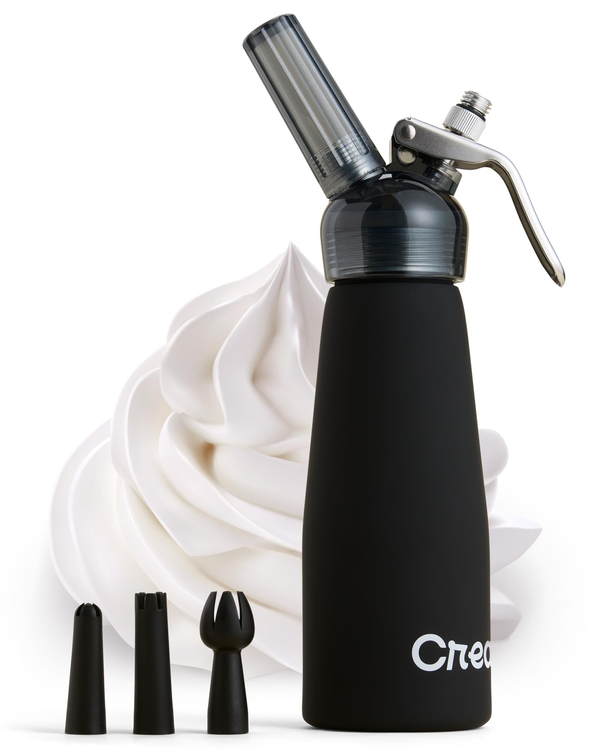 Premium Aluminum Whipped Cream Dispenser with 3 Nozzles & Cleaning Brush | Professional Whipped Cream Maker with Clear Lid | Easy to Use & Clean 1 Pint Cream Whipper for Home Baking, Coffee, Desserts & Cocktails | Black (Ideal for Cakes, Hot Chocolate, Milkshakes & Party Decorations)