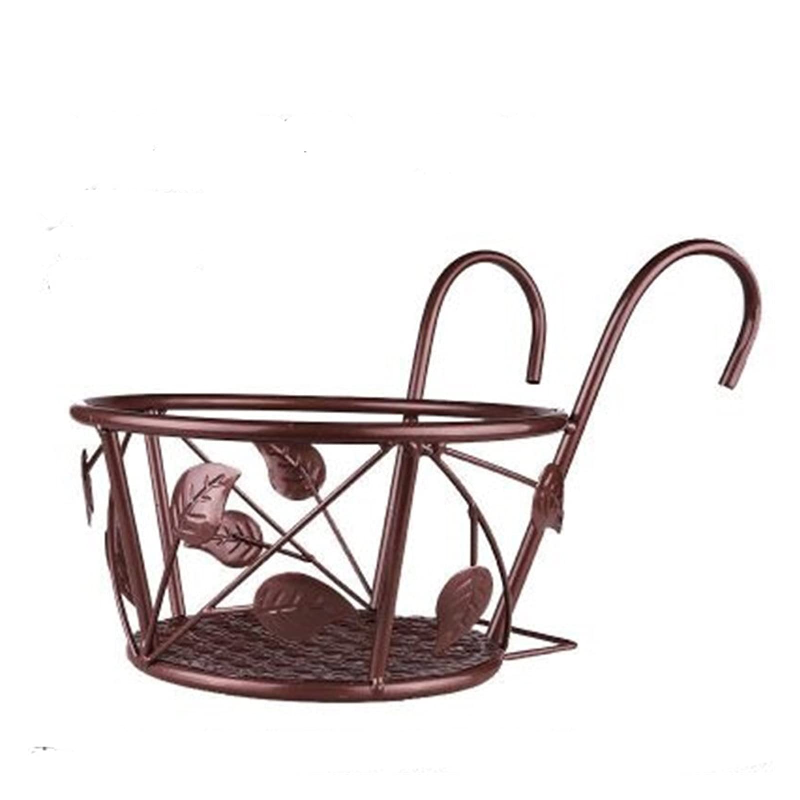 Wrought Iron Hanging Flower Pot Stand - Indoor/Outdoor Balcony Railing Planter with Wall Mount for Windows & Gardens (Brown Leaves Design) - Perfect for Small Space Gardening, Patio Decor & Vertical Planting