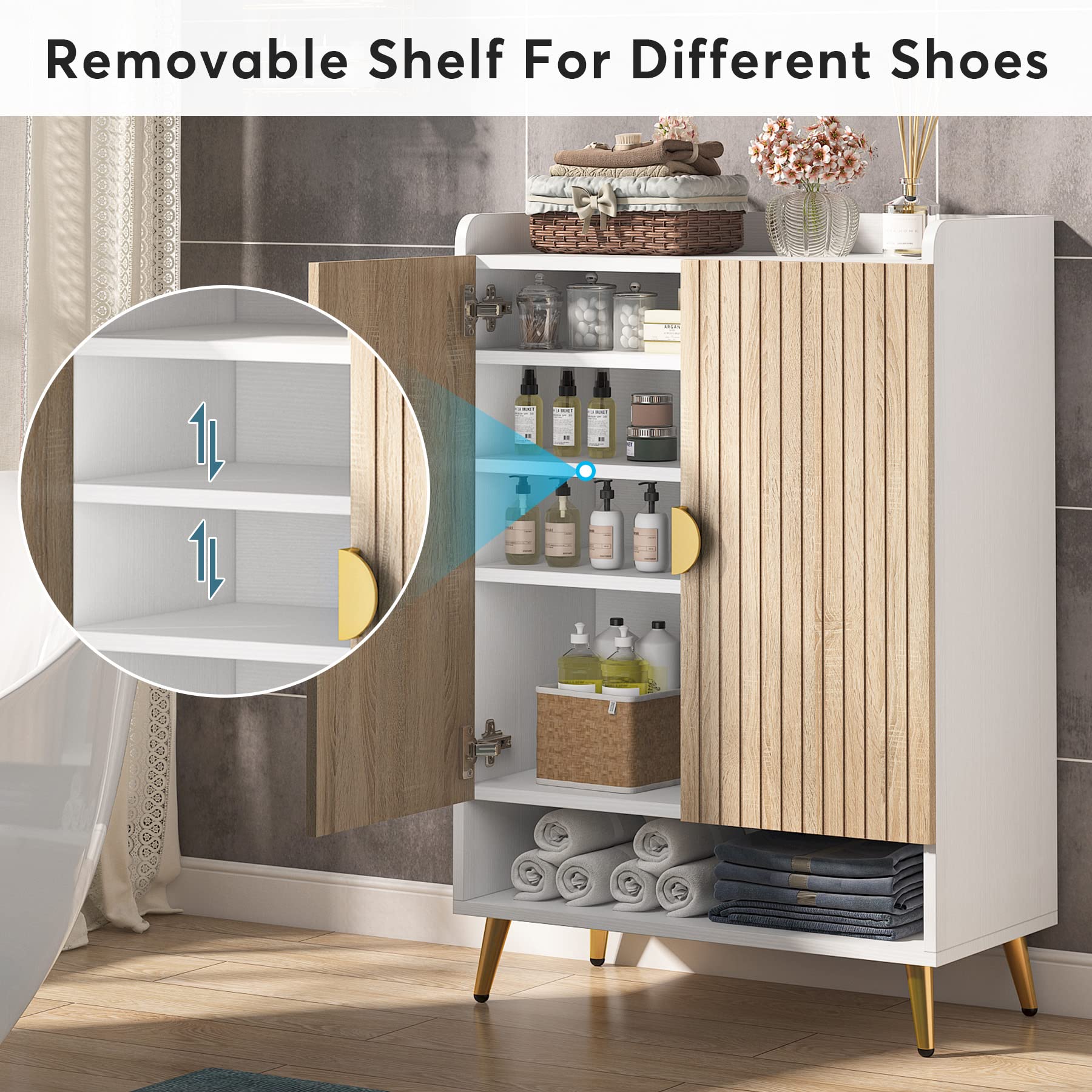 Tribesigns 7-Tier Wooden Shoe Cabinet with Adjustable Shelves & Doors - Modern Shoe Storage Organizer for Entryway, Hallway, Closet, Living Room - Gold Accent Wooden Shoe Rack for Home Organization & Space Saving